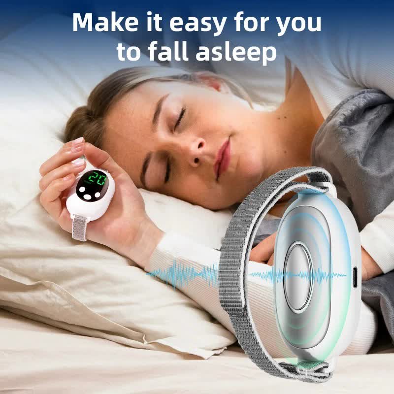 White EMS Sleep Aid Device with Pulse Stimulation - Portable Adjustable Sleep Support Bracelet shown worn on wrist with digital control display