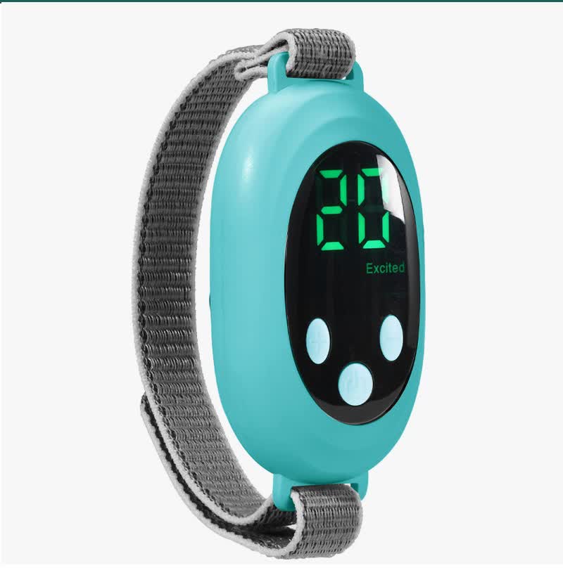 Green EMS Sleep Aid Device with Pulse Stimulation - Portable Adjustable Sleep Support Bracelet with digital display on gray strap