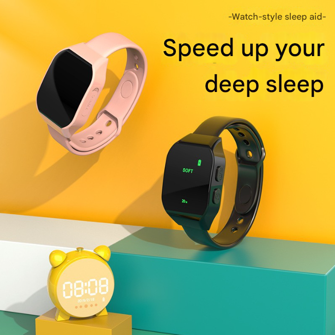 White Smart Microcurrent Wristband Sleep Aid - Wearable Sleep Assistance Device in pink and black with a yellow alarm clock on colorful blocks