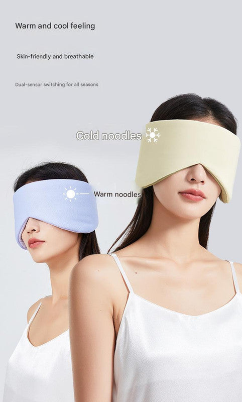 Beige Reversible All-Season Sleep Mask - Cooling & Warming with Sound Muffling Ear Covers Function shown in beige and blue on models