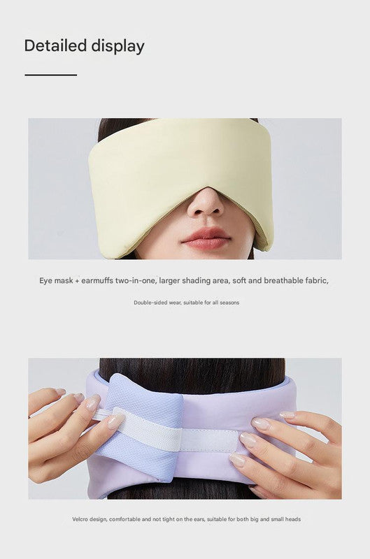 Pink Reversible All-Season Sleep Mask - Cooling & Warming with Sound Muffling Ear Covers shown front and back with Velcro strap close-up