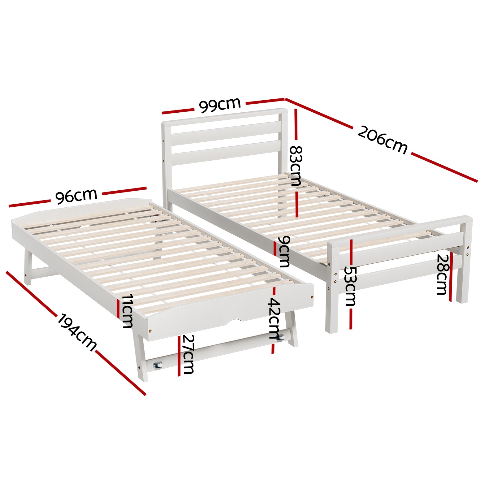 Avis Wooden Trundle Single Bed Frame White