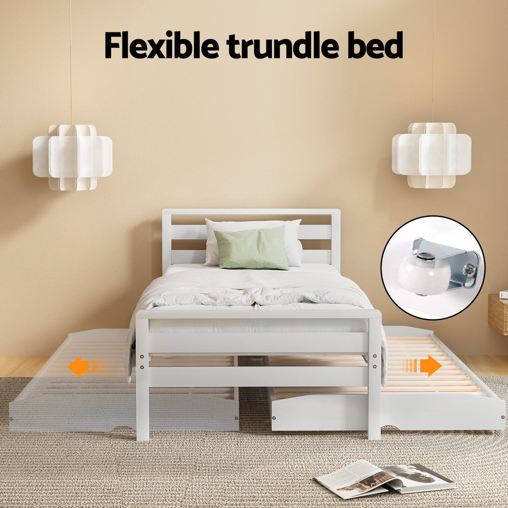 Avis Wooden Trundle Single Bed Frame White