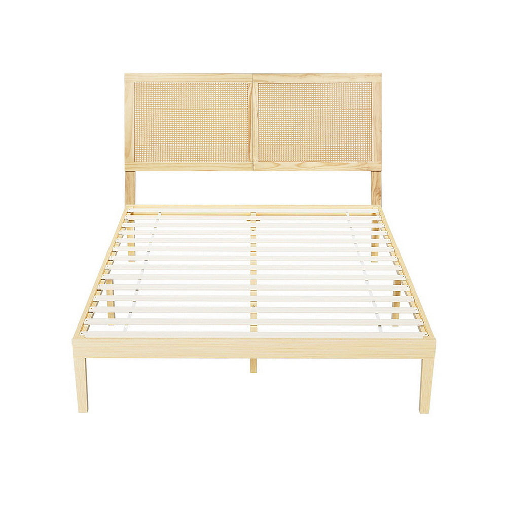 Bruno Double Wooden Bed Frame with Rattan Headboard – Pine Finish