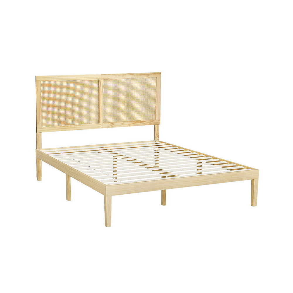 Bruno Queen Wooden Bed Frame with Rattan Headboard – Pine Finish, natural pine wood and slatted base for queen mattress