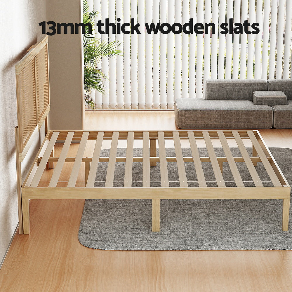 Bruno Queen Wooden Bed Frame with Rattan Headboard – Pine Finish featuring 13mm thick wooden slats in modern bedroom setting