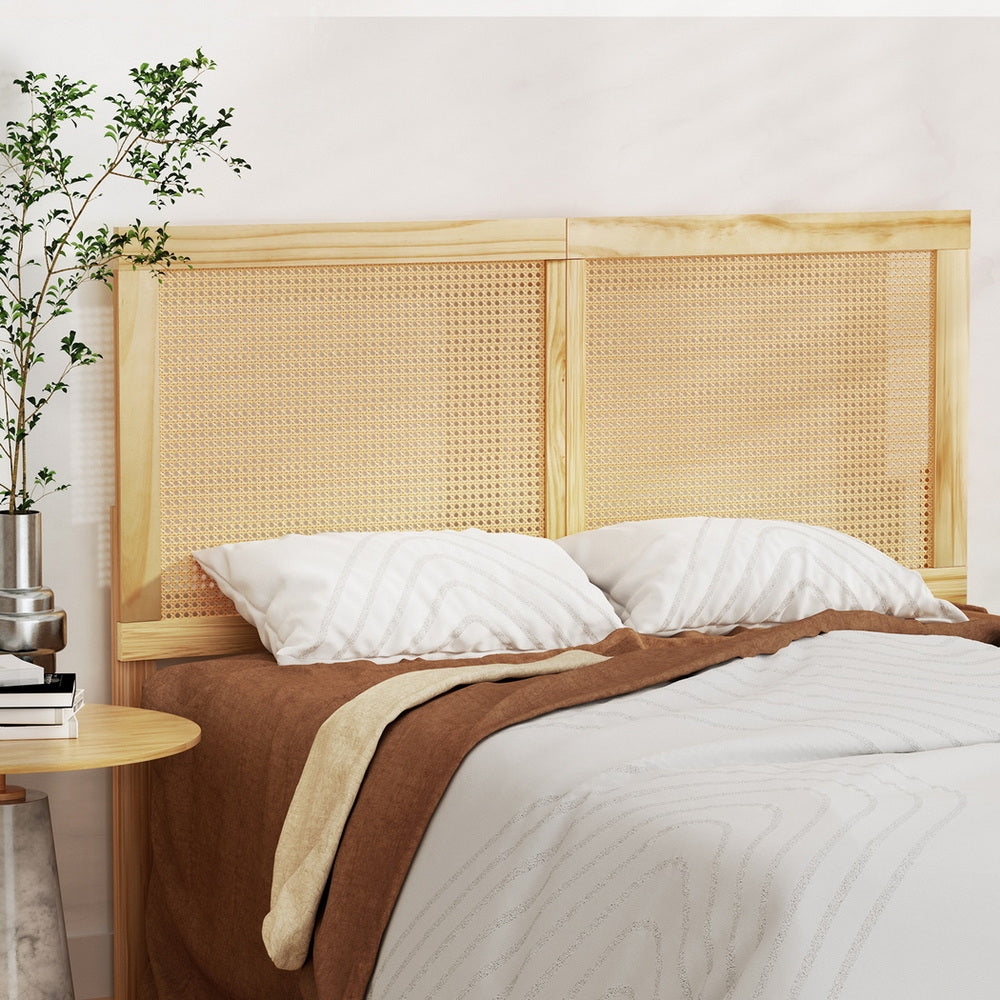 Bruno Queen Wooden Bed Frame with Rattan Headboard – Pine Finish styled with pillows and brown bedding in bedroom setting