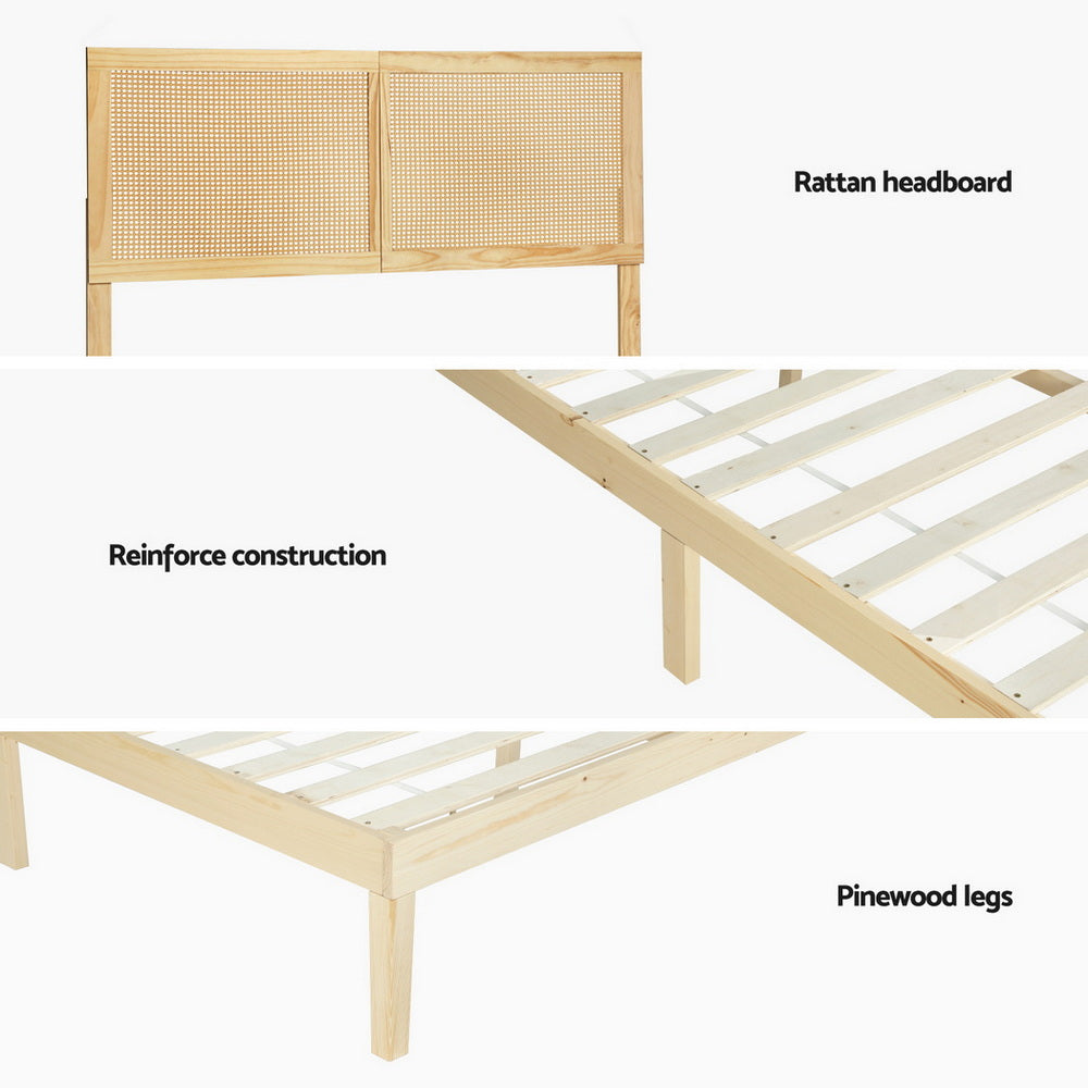 Bruno Queen Wooden Bed Frame with Rattan Headboard – Pine Finish showing rattan headboard, reinforced frame, and pinewood legs