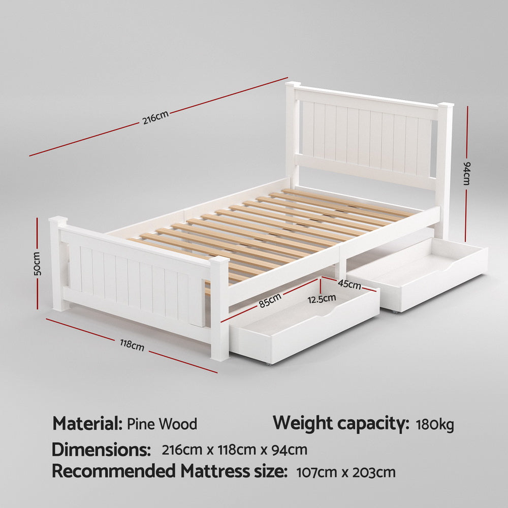 Cottesloe Wooden King Single Bed with Two Storage Drawers - White