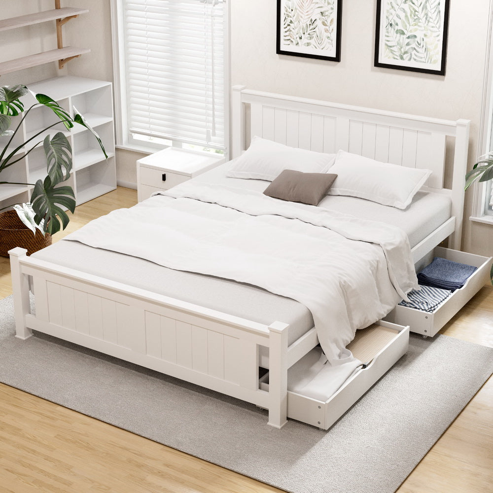 Cottesloe Wooden Queen Bed with Two Storage Drawers - White