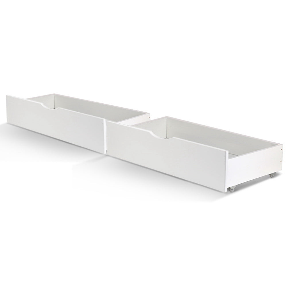 2x Storage Drawers Trundle for Single Wooden Bed Frame Base Timber White in white with flush handles and caster wheels
