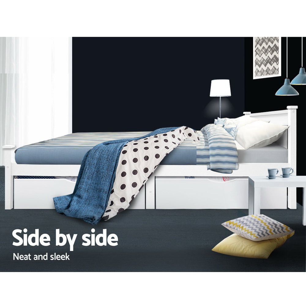 2x Storage Drawers Trundle for Single Wooden Bed Frame Base Timber White, shown under a white single bed with blue bedding