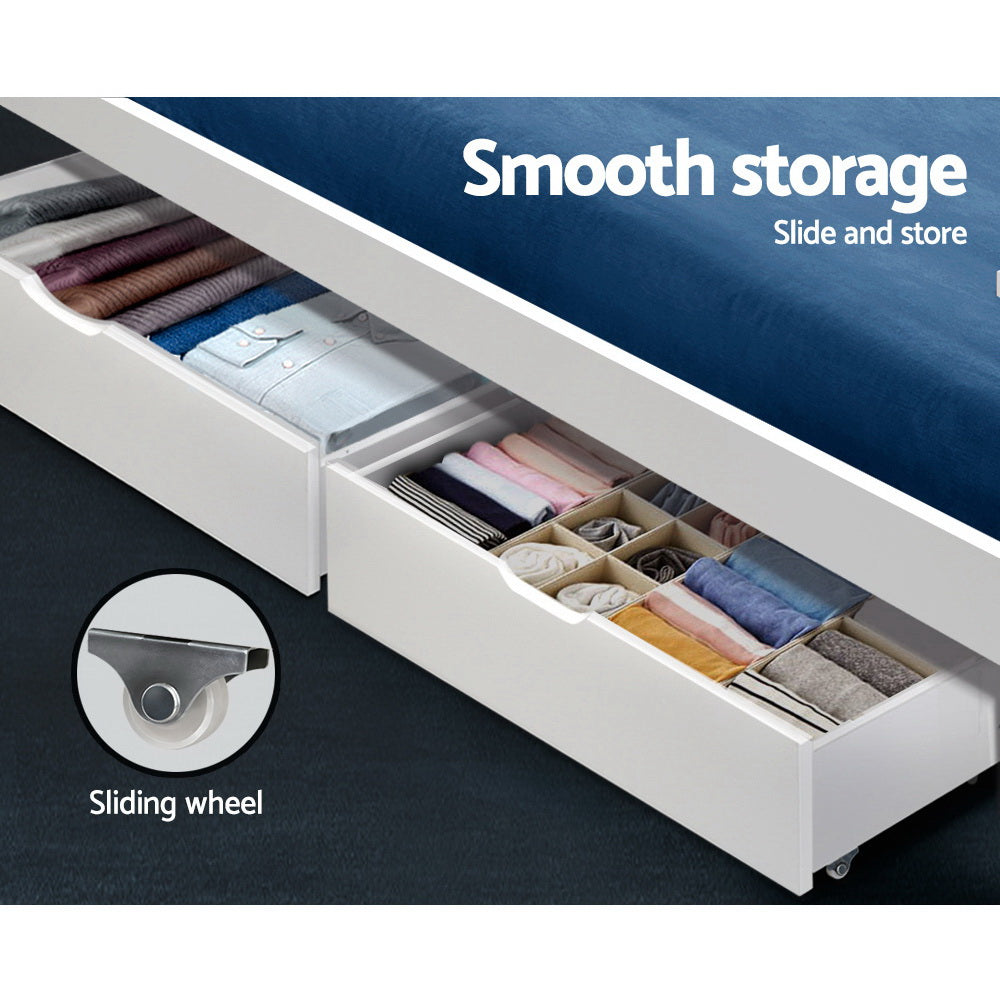 2x Storage Drawers Trundle for Single Wooden Bed Frame Base Timber White with sliding wheels and neatly organized clothes inside drawers