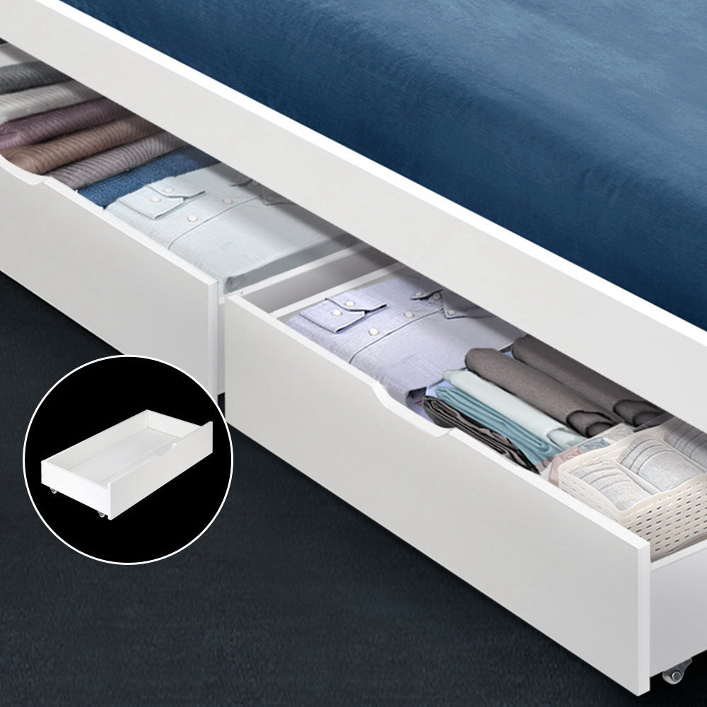 2x Storage Drawers Trundle for Single Wooden Bed Frame Base Timber White, shown open with folded clothes inside on dark background