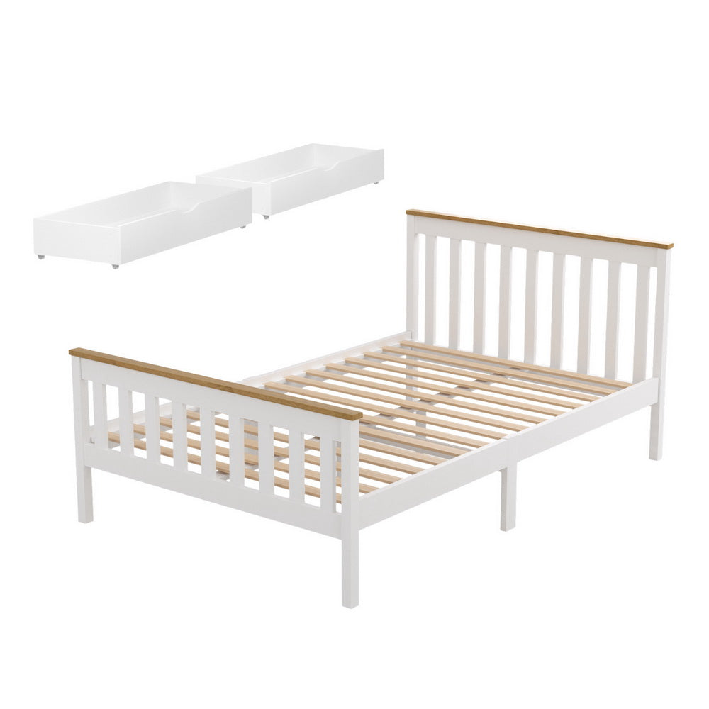 Sundale Double Bed Frame with Two Storage Drawers – White & Pine