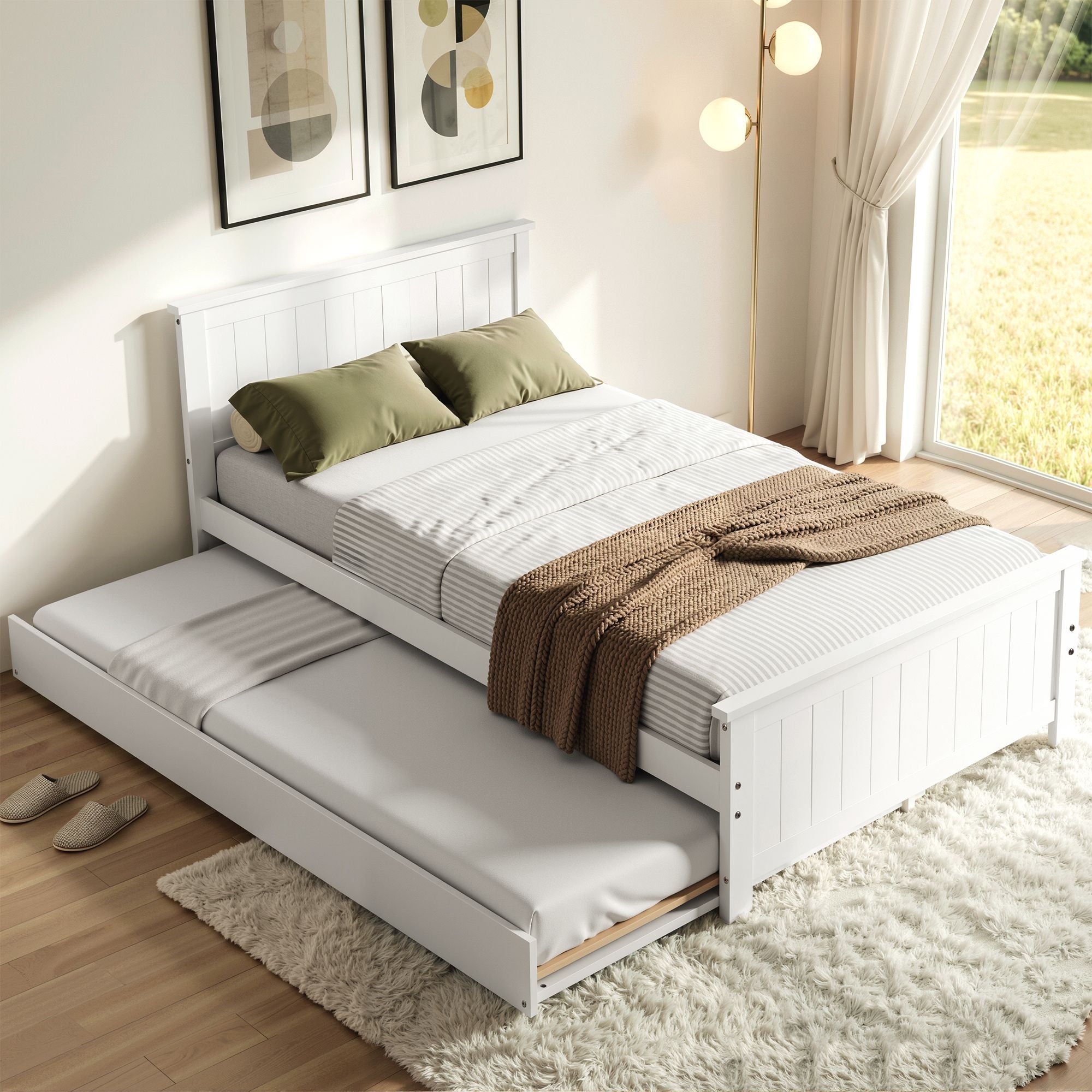 Single Bed Frame with Trundle Solid Pine Wood Toddler Bunk Bed with Headboard - White