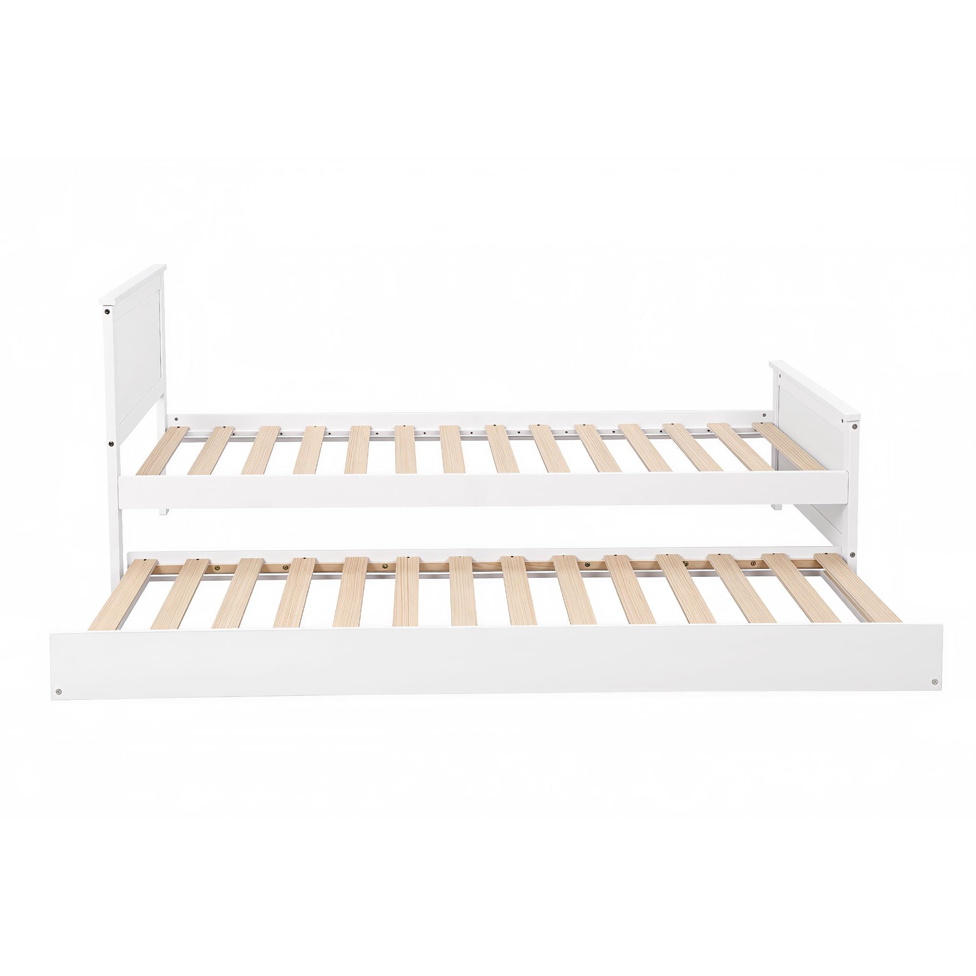 Single Bed Frame with Trundle Solid Pine Wood Toddler Bunk Bed with Headboard - White