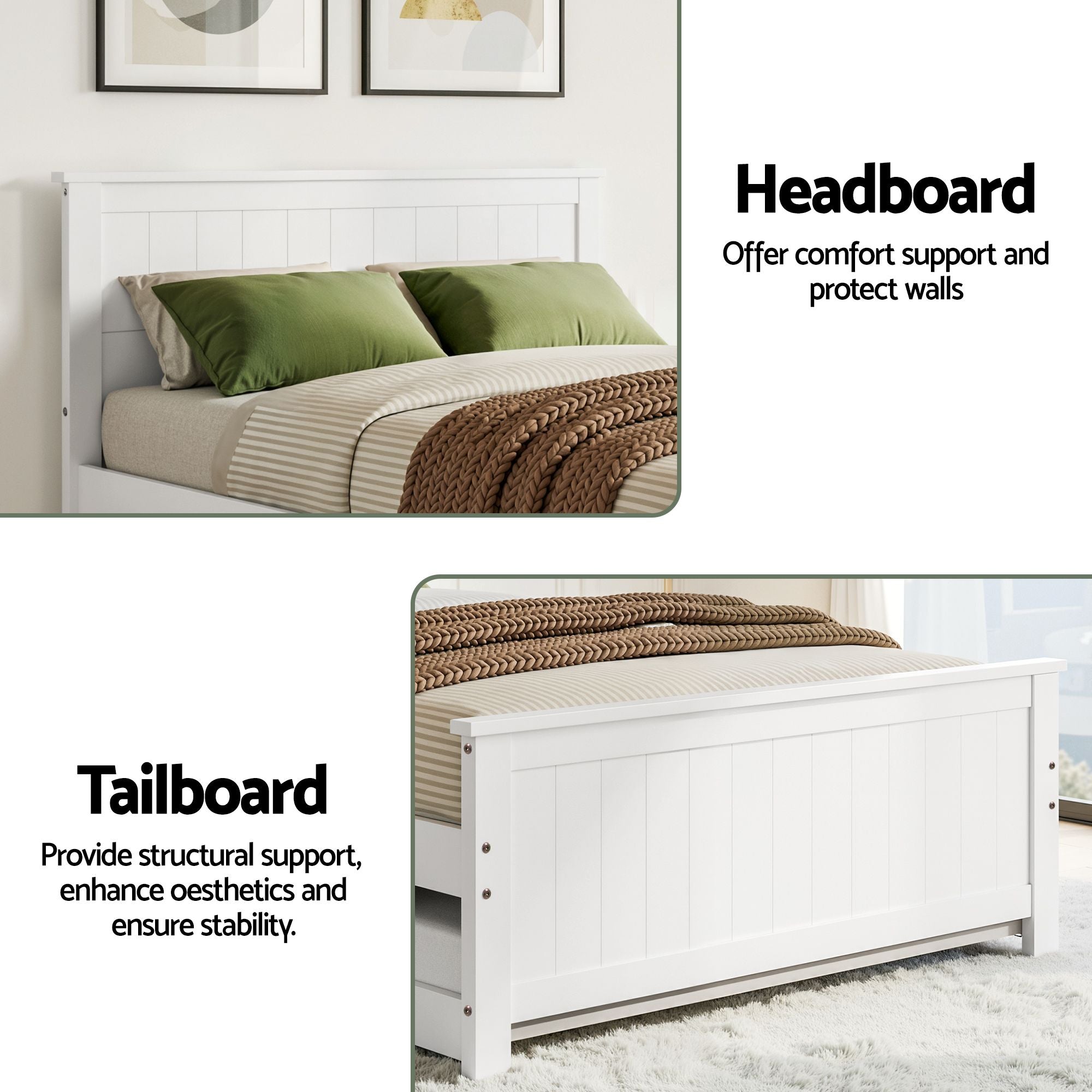 Single Bed Frame with Trundle Solid Pine Wood Toddler Bunk Bed with Headboard - White