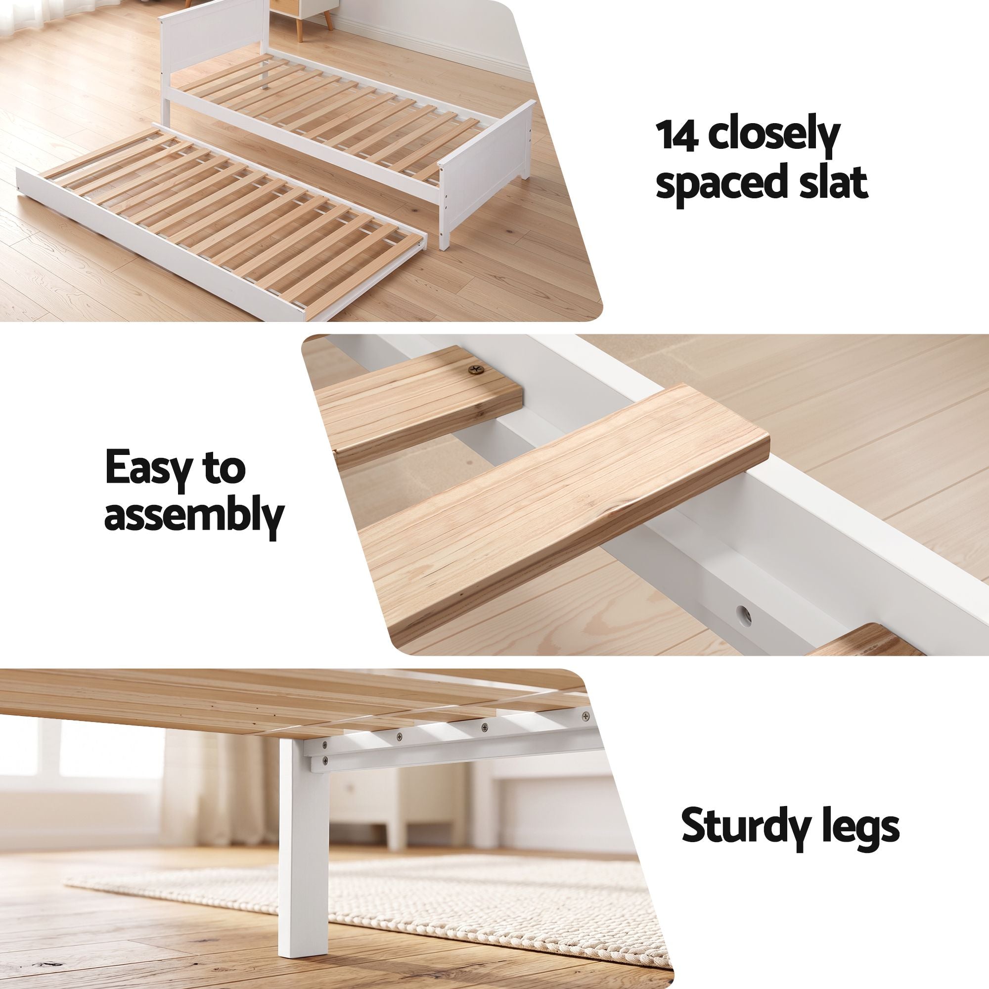 Single Bed Frame with Trundle Solid Pine Wood Toddler Bunk Bed with Headboard - White