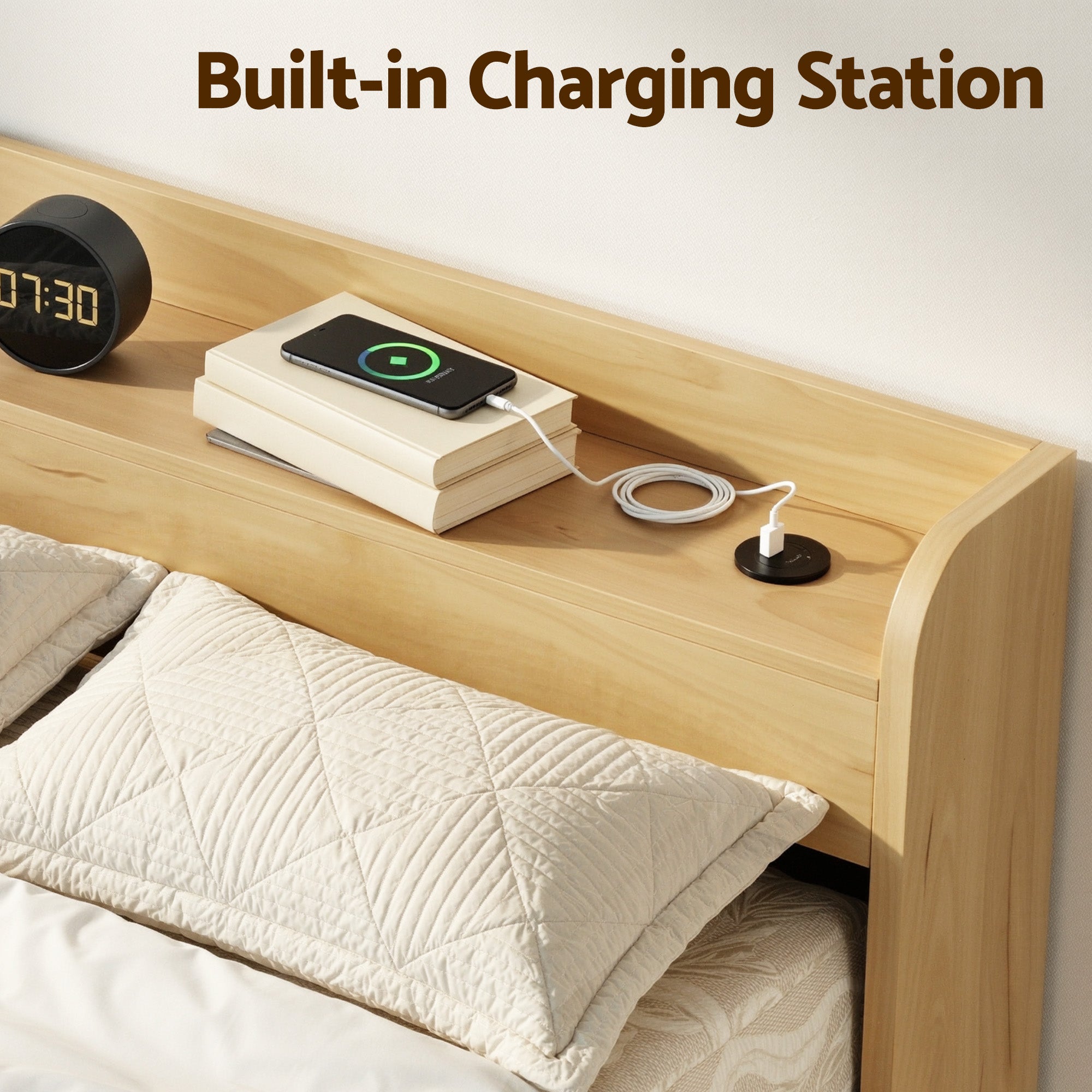 King Single Bed Frame with 2 Drawers Platform Bed with Headboard Bed Base with USB Ports Natural