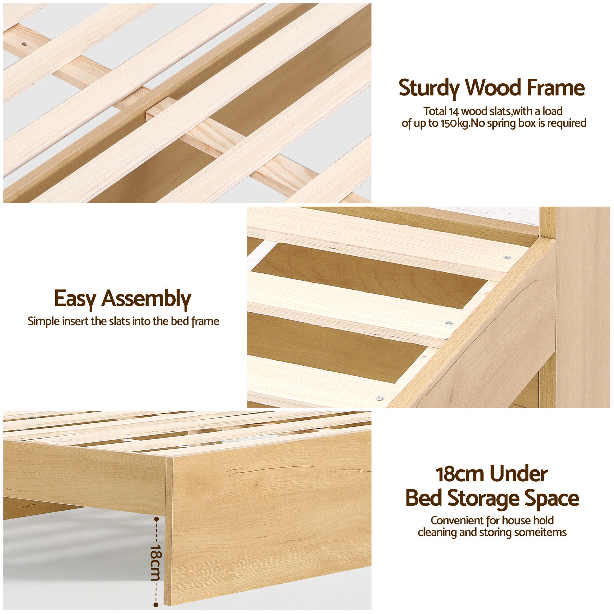 King Single Bed Frame with 2 Drawers Platform Bed with Headboard Bed Base with USB Ports Natural