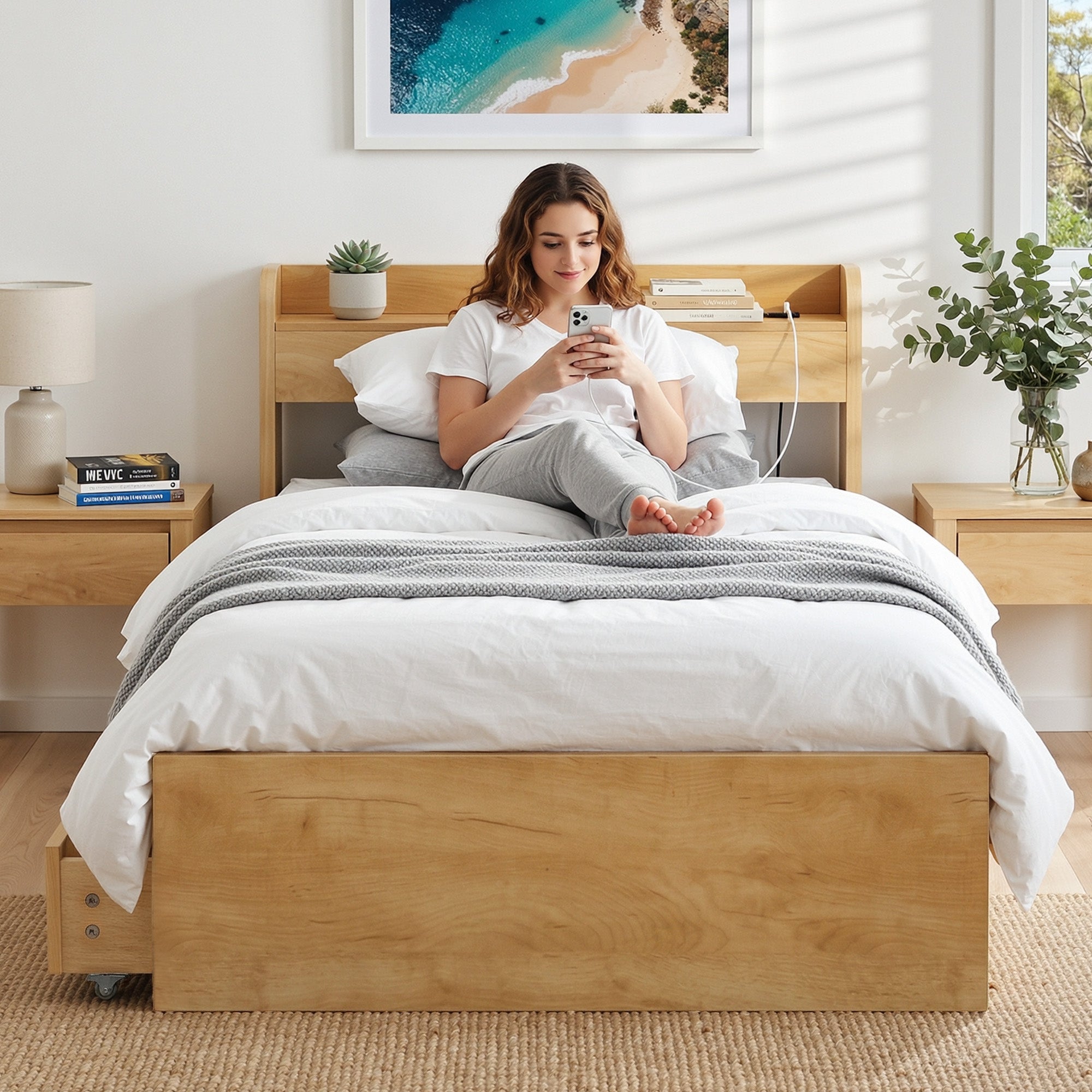 King Single Bed Frame with 2 Drawers Platform Bed with Headboard Bed Base with USB Ports Natural