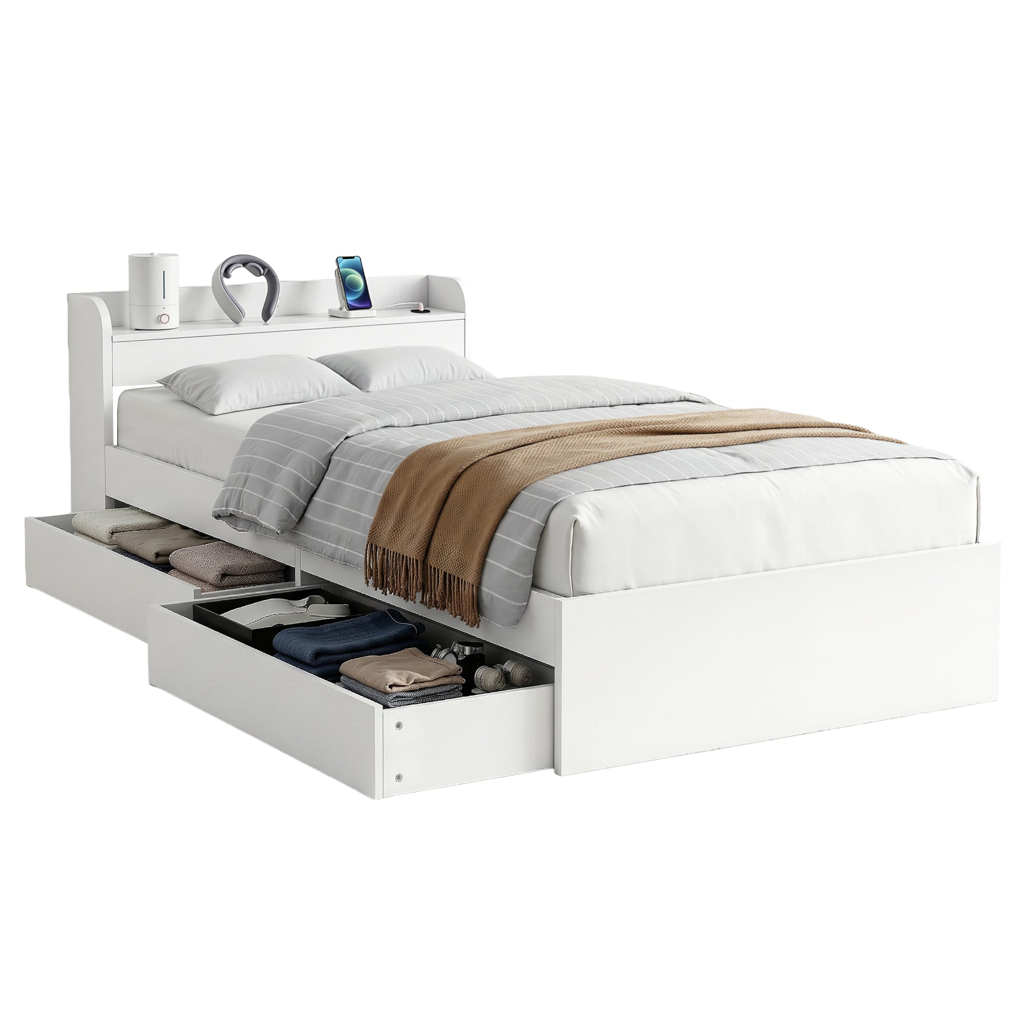Bed Frame Single Size with Charging Ports and 2 Drawers AURA
