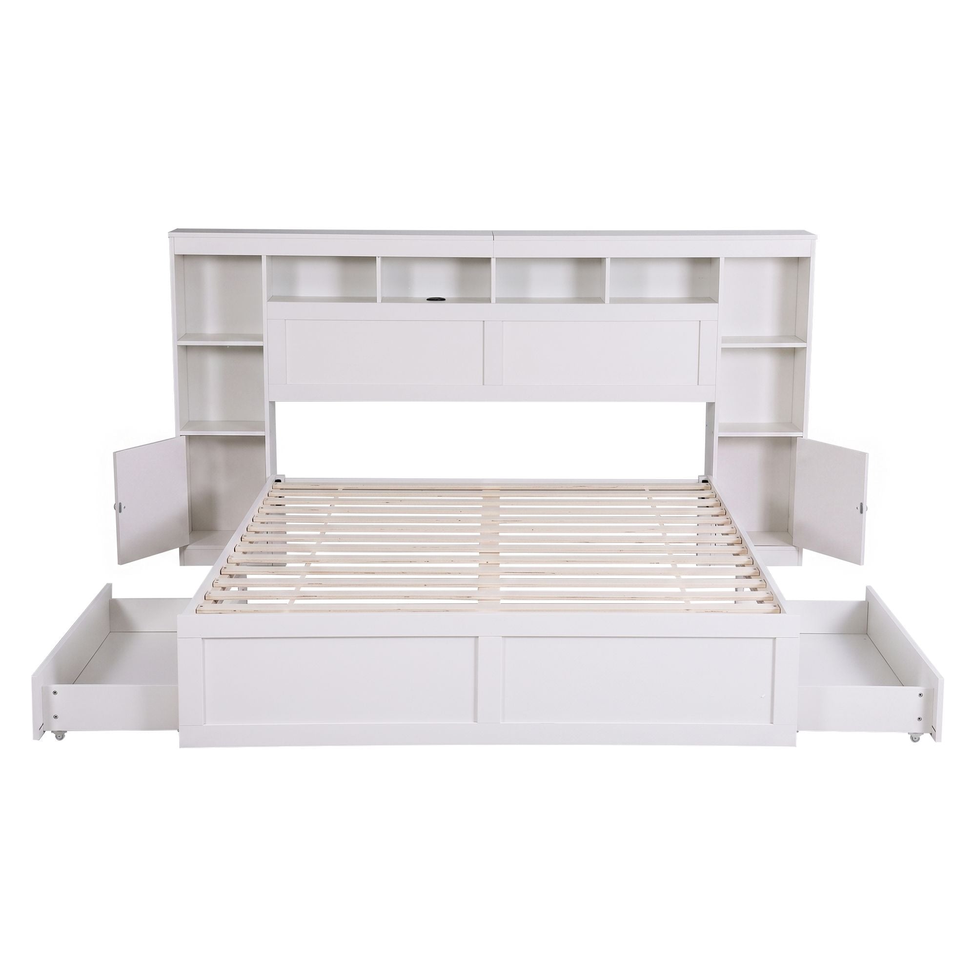 Queen Bed Frame with Storage Bookcase Headboard, USB & Type-C Ports, Drawers - White