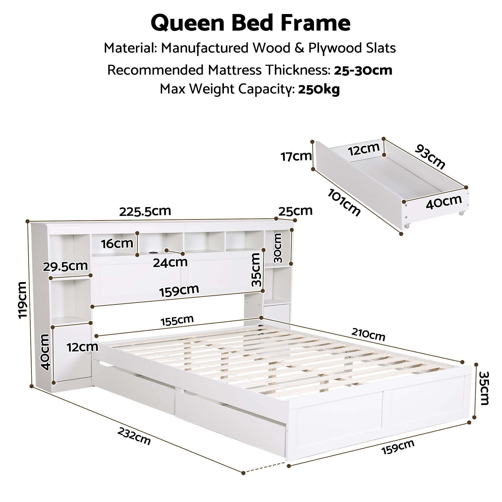Queen Bed Frame with Storage Bookcase Headboard, USB & Type-C Ports, Drawers - White