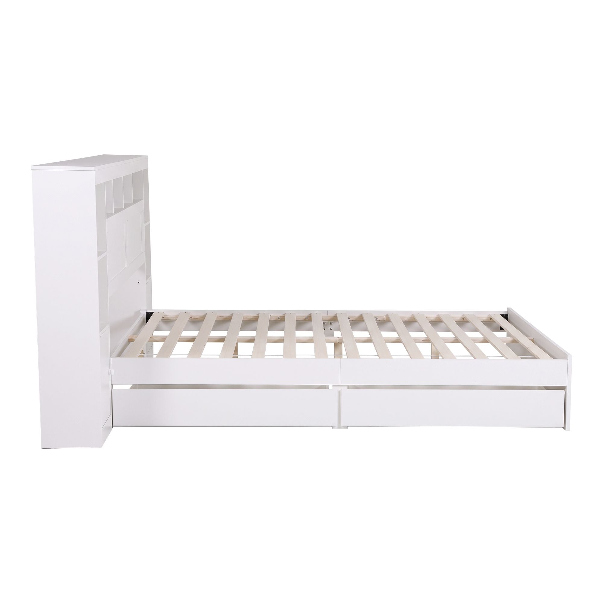 Queen Bed Frame with Storage Bookcase Headboard, USB & Type-C Ports, Drawers - White