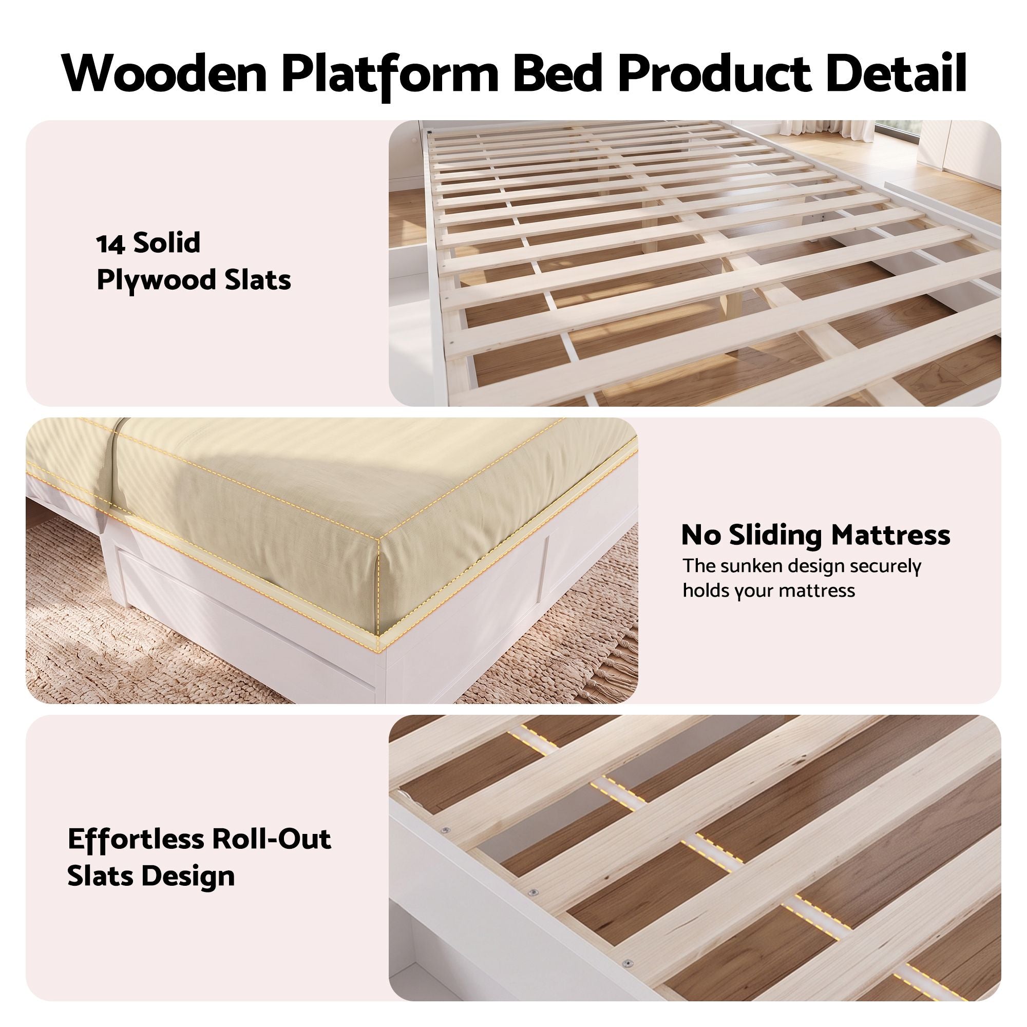 Queen Bed Frame with Storage Bookcase Headboard, USB & Type-C Ports, Drawers - White
