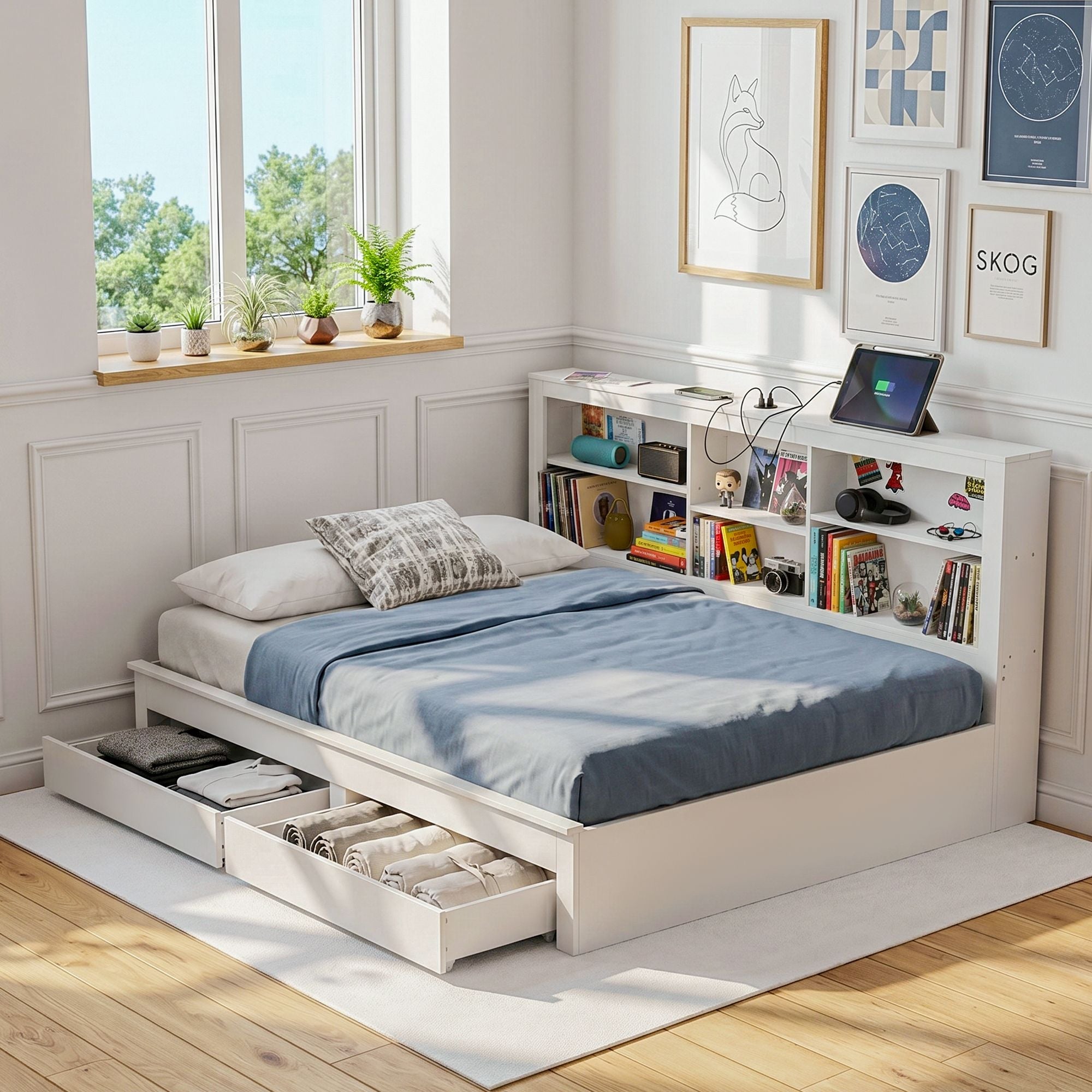 Noise-Free White Farmhouse Solid Wood Double Platform Bed Frame with Storage Headboard, Charging Station and Drawers for Bedroom and Apartment