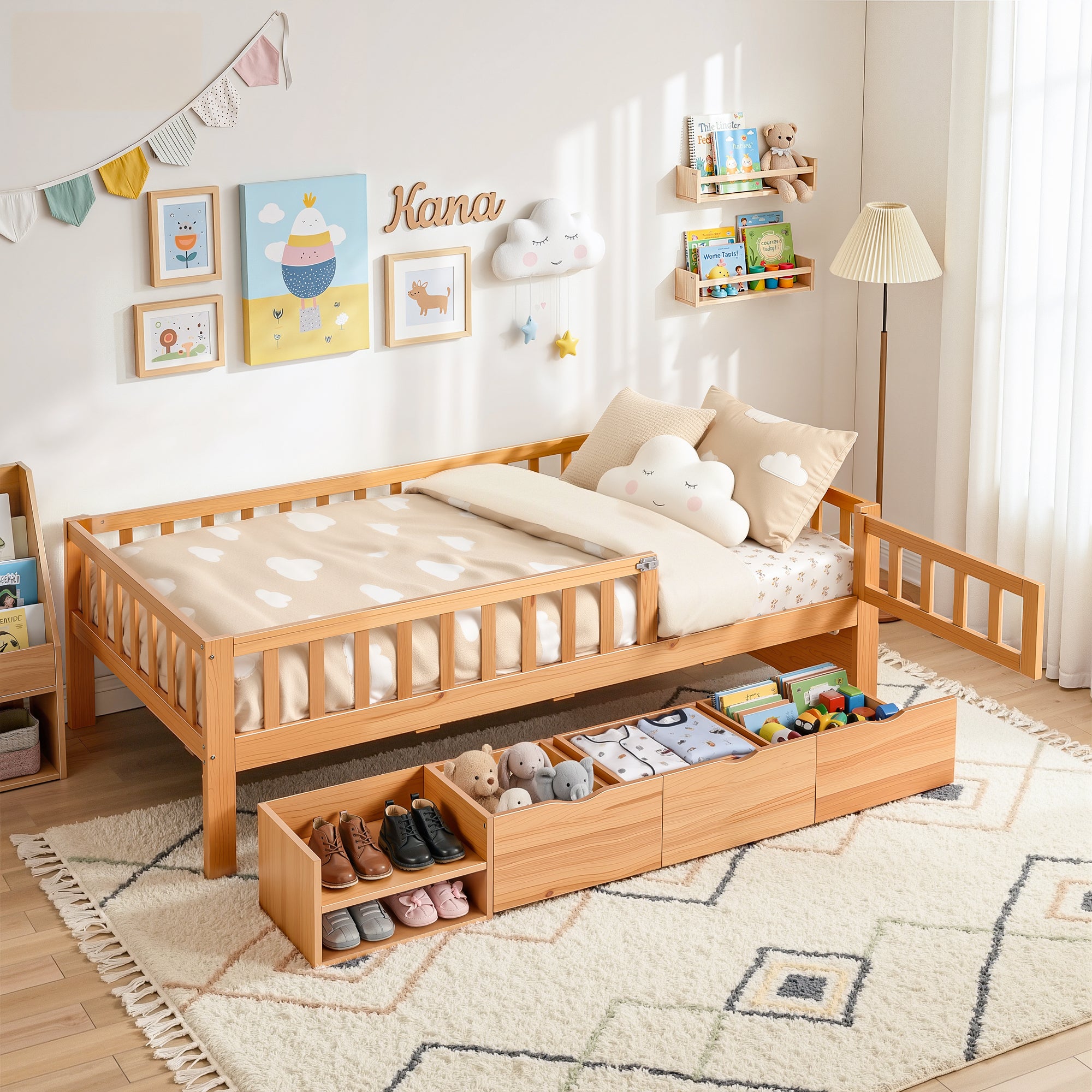 Single Package | Archer Kids Montessori Storage Bed with 3 Drawers & Glay Bonnell Spring Mattress (Medium Firm)