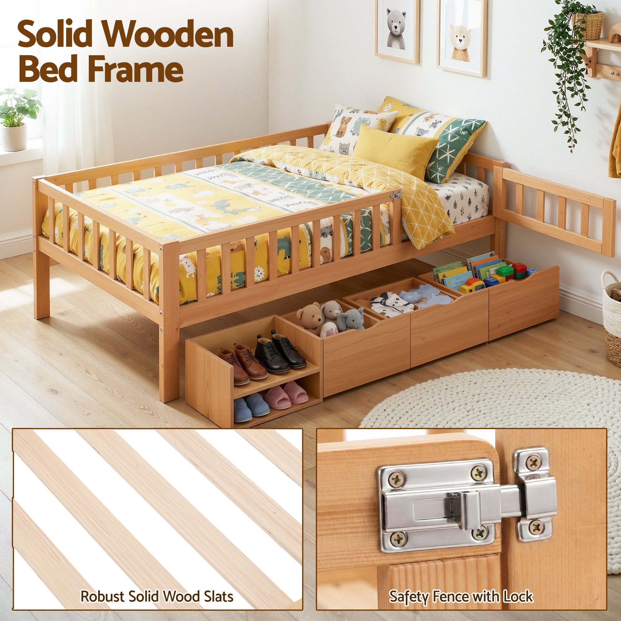 Archer Single Kids Montessori Storage Bed with 3 Drawers – Natural