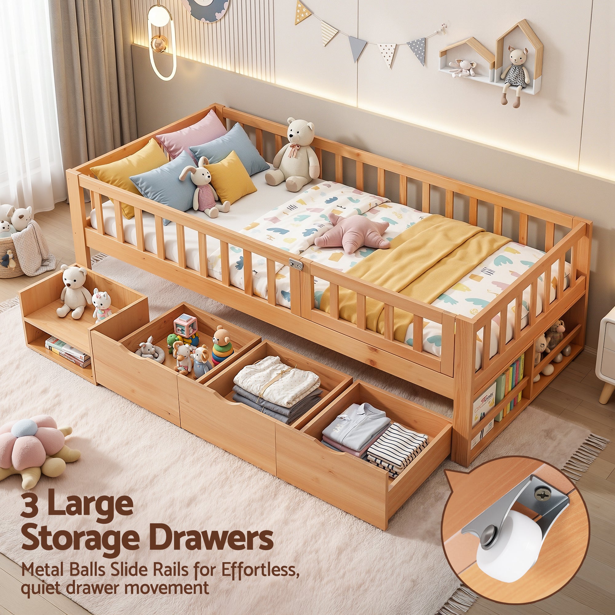 Archer Single Kids Montessori Storage Bed with 3 Drawers – Natural