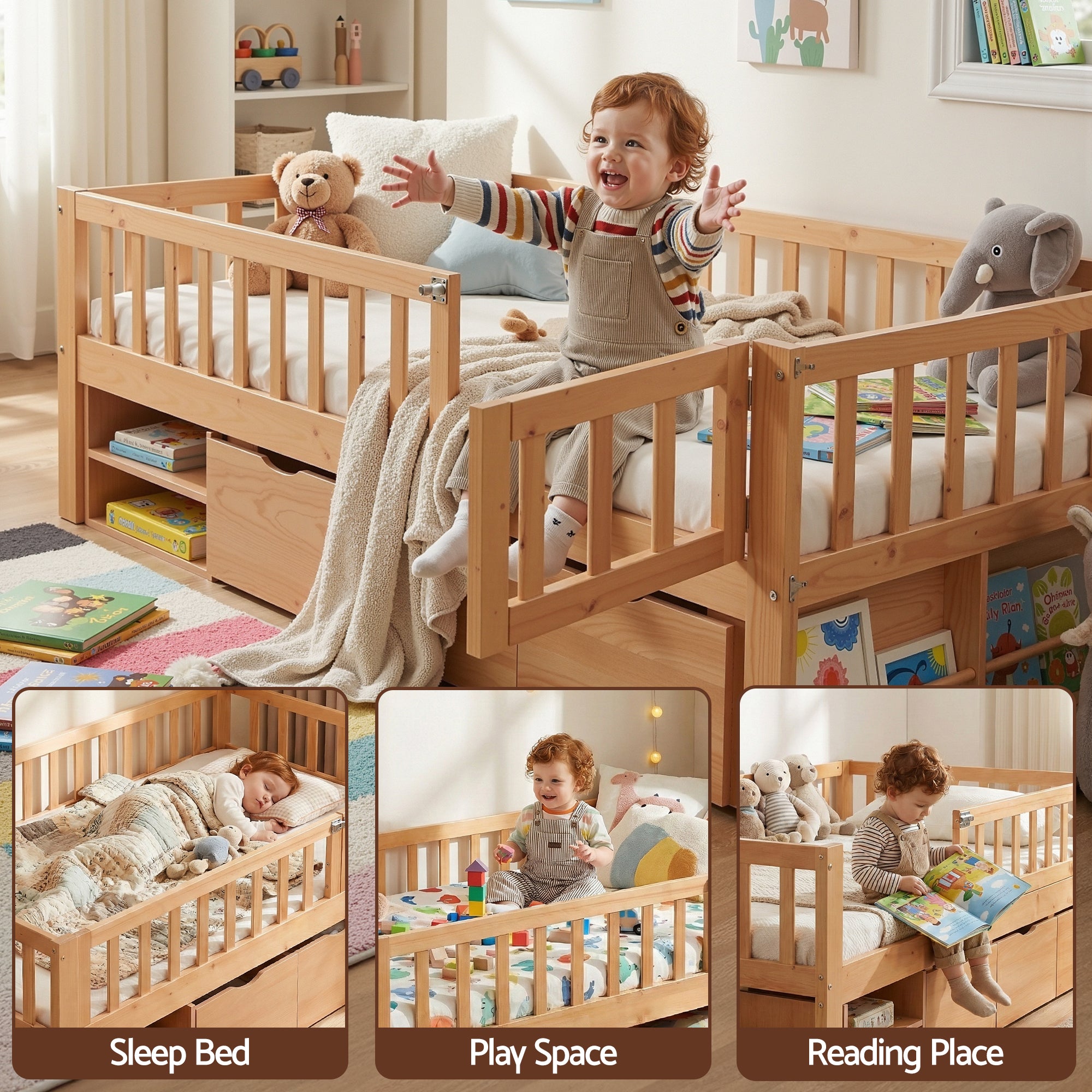Archer Single Kids Montessori Storage Bed with 3 Drawers – Natural