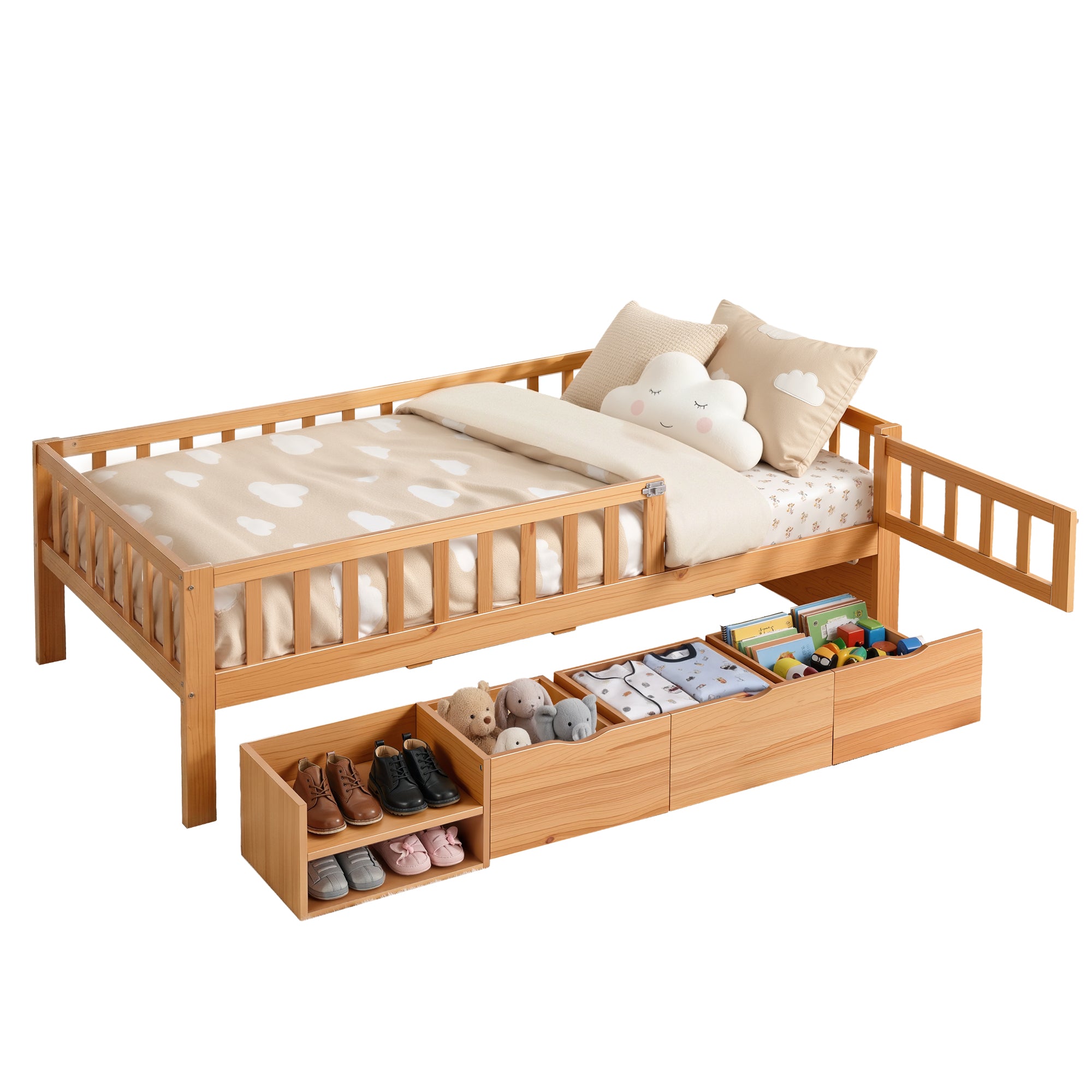 Archer Single Kids Montessori Storage Bed with 3 Drawers – Natural