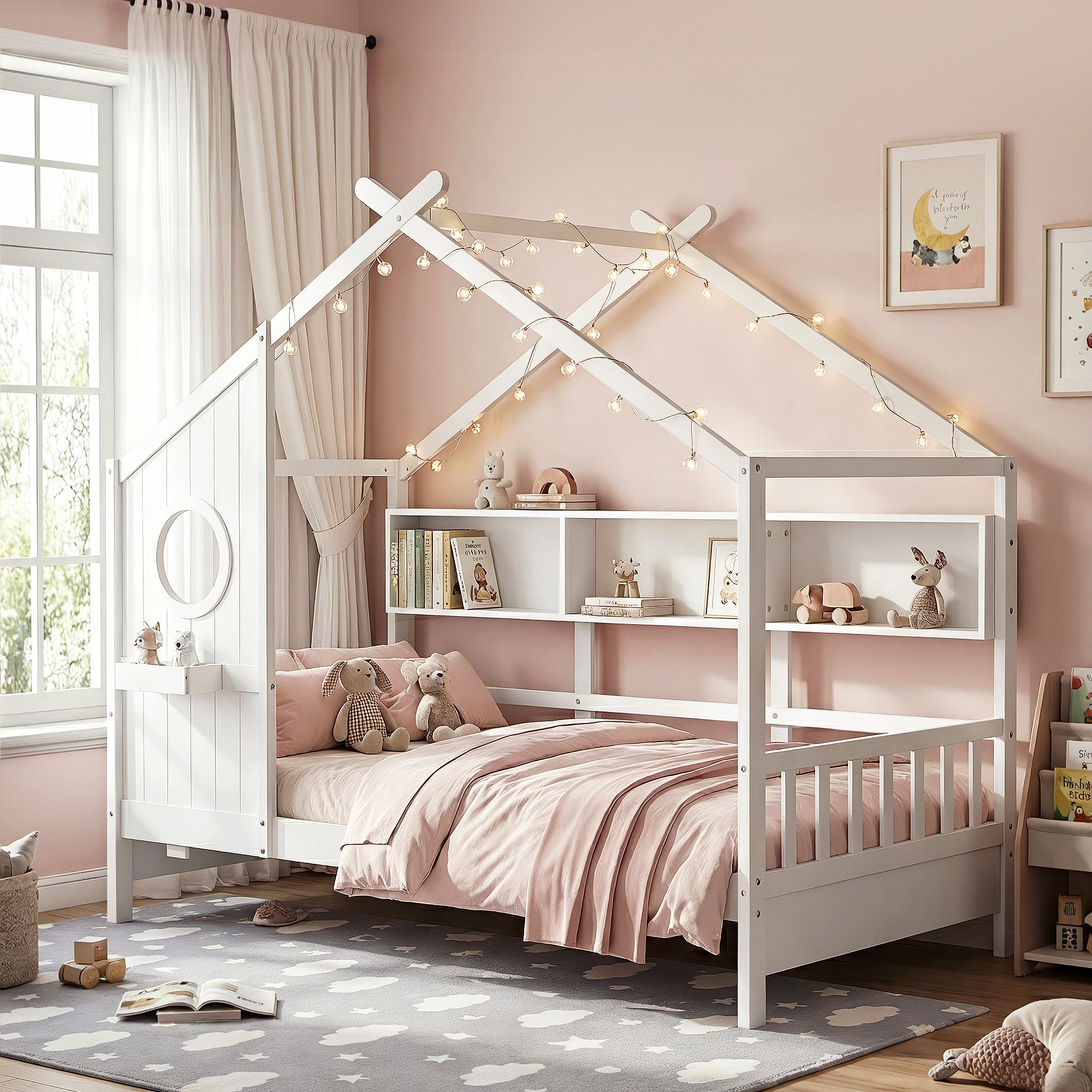 Maison Single Kids Montessori House Bed with Bookcase – White