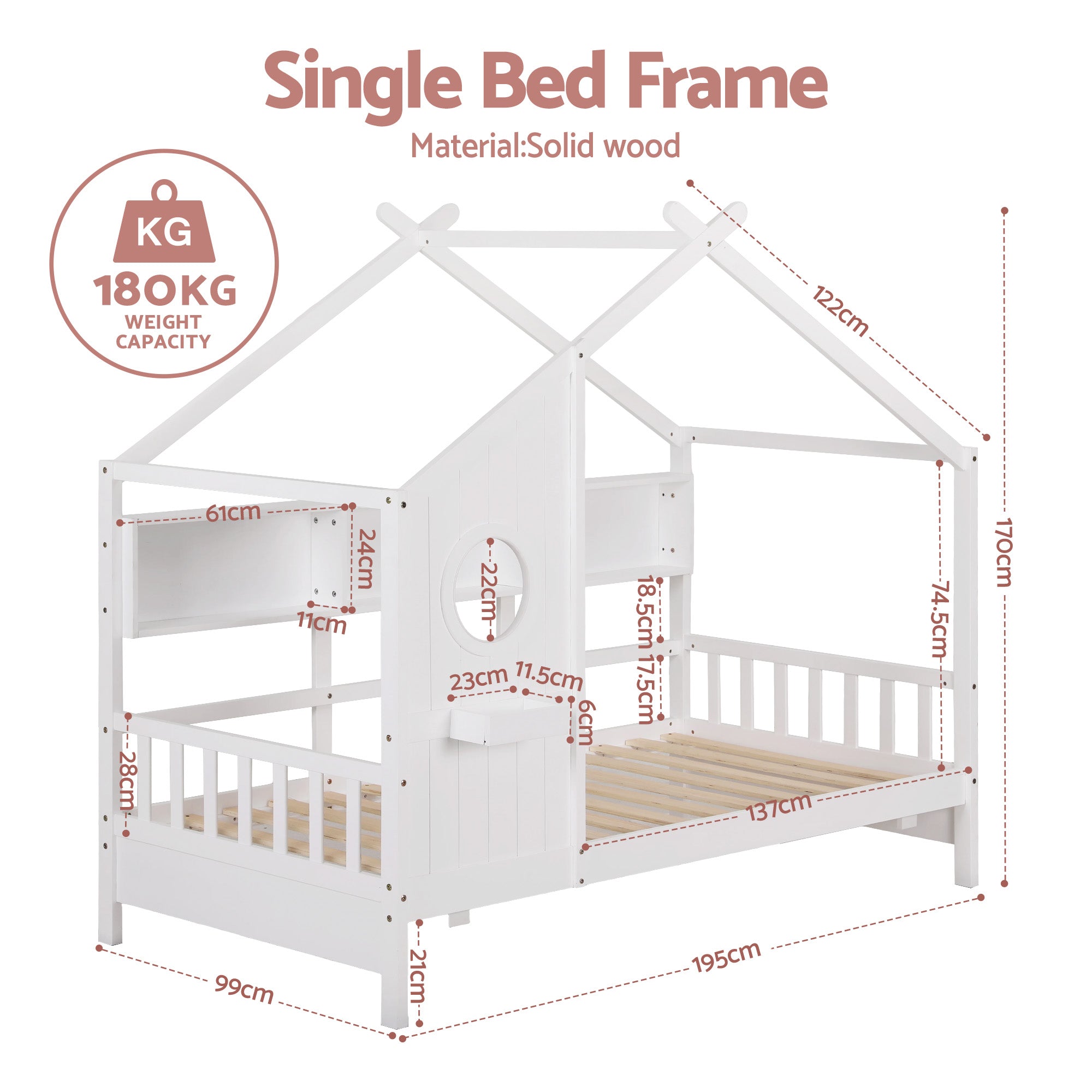 Maison Single Kids Montessori House Bed with Bookcase – White