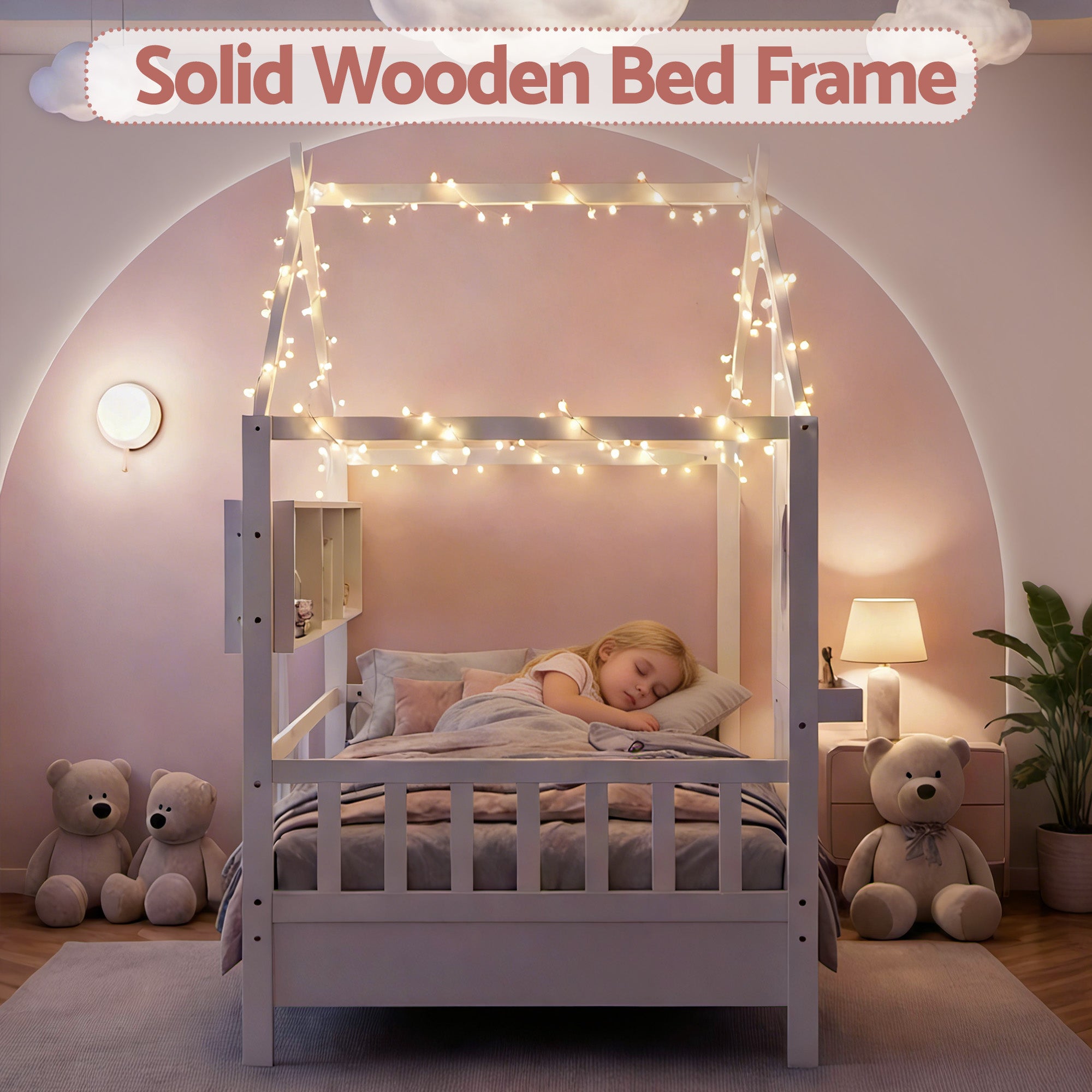 Maison Single Kids Montessori House Bed with Bookcase – White