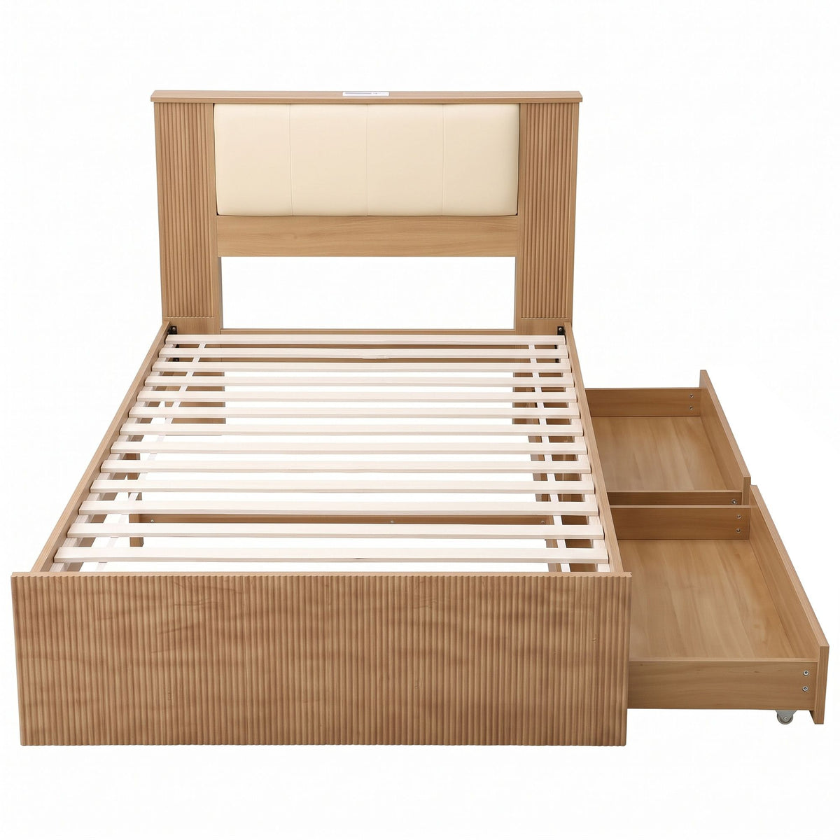 King Single Bed Frame with 2 Drawers, PU Leather Headboard & Charging Station - Natural and Cream