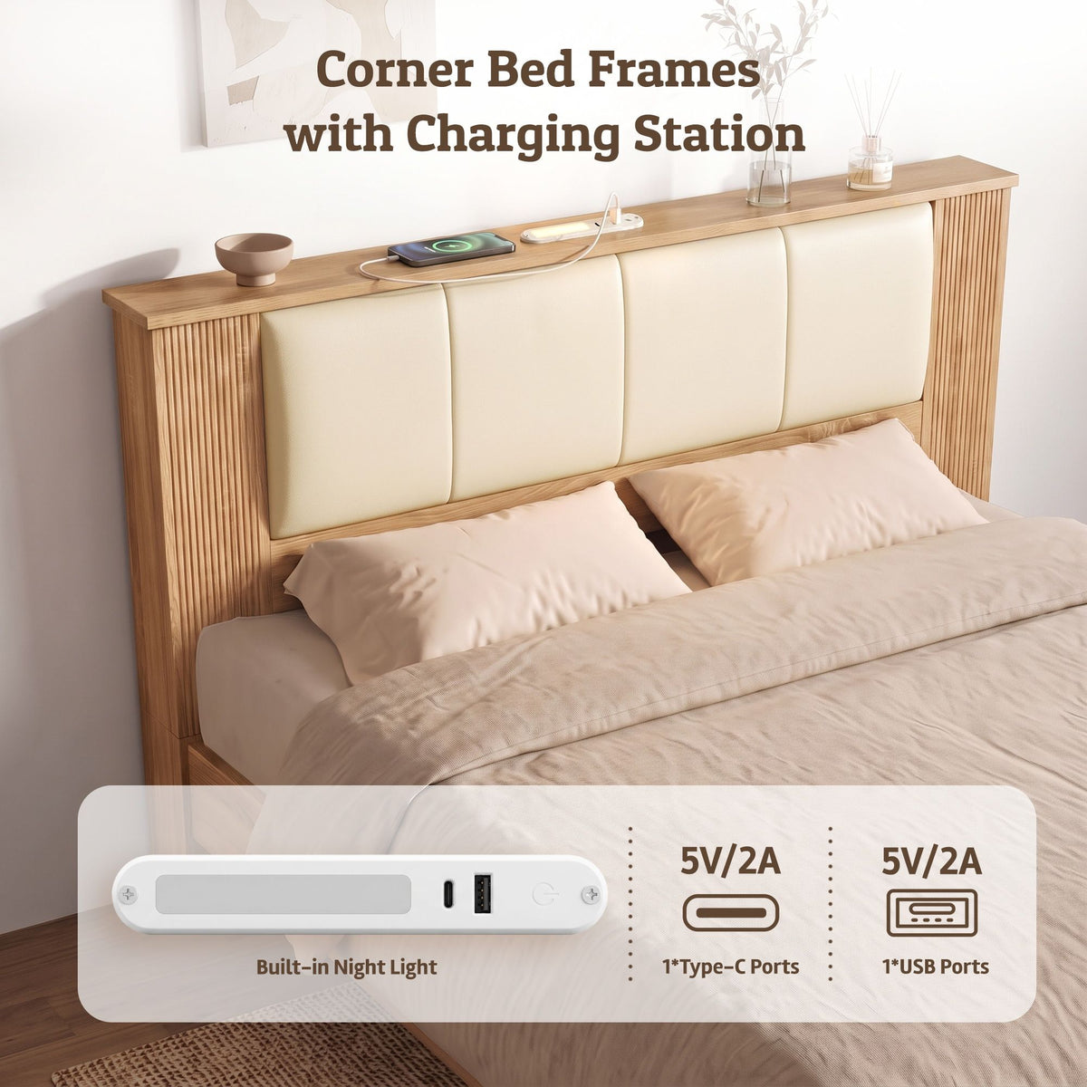 King Single Bed Frame with 2 Drawers, PU Leather Headboard & Charging Station - Natural and Cream