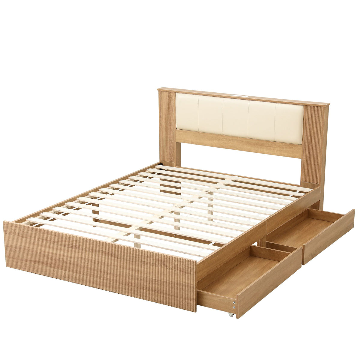 Queen Bed Frame with 2 Drawers, PU Leather Headboard & Charging Station