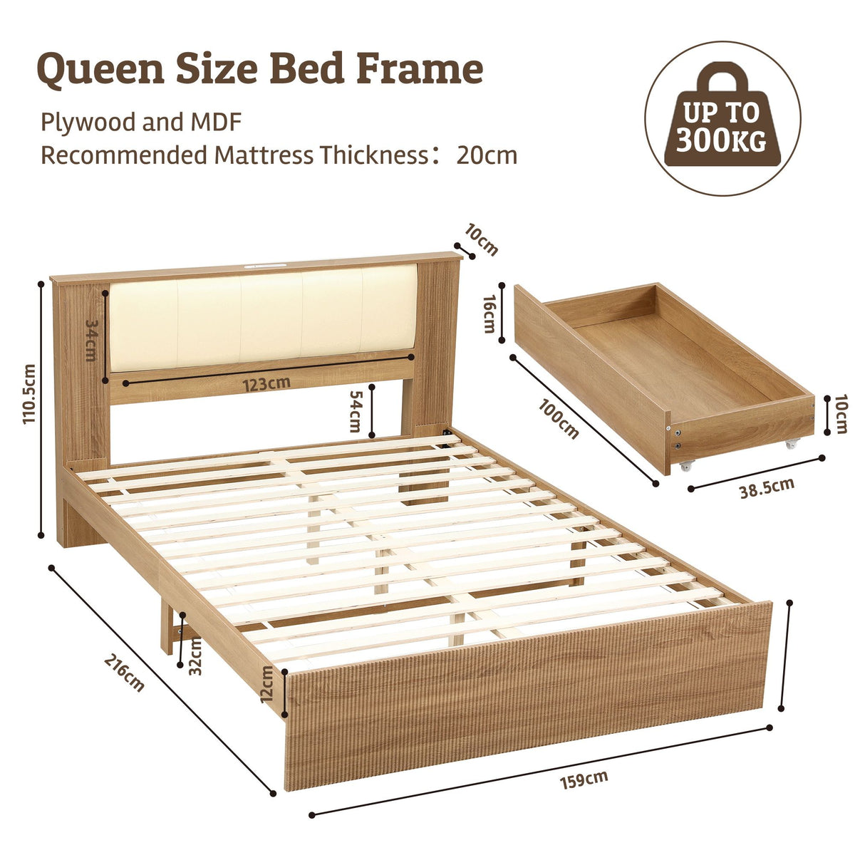 Queen Bed Frame with 2 Drawers, PU Leather Headboard & Charging Station