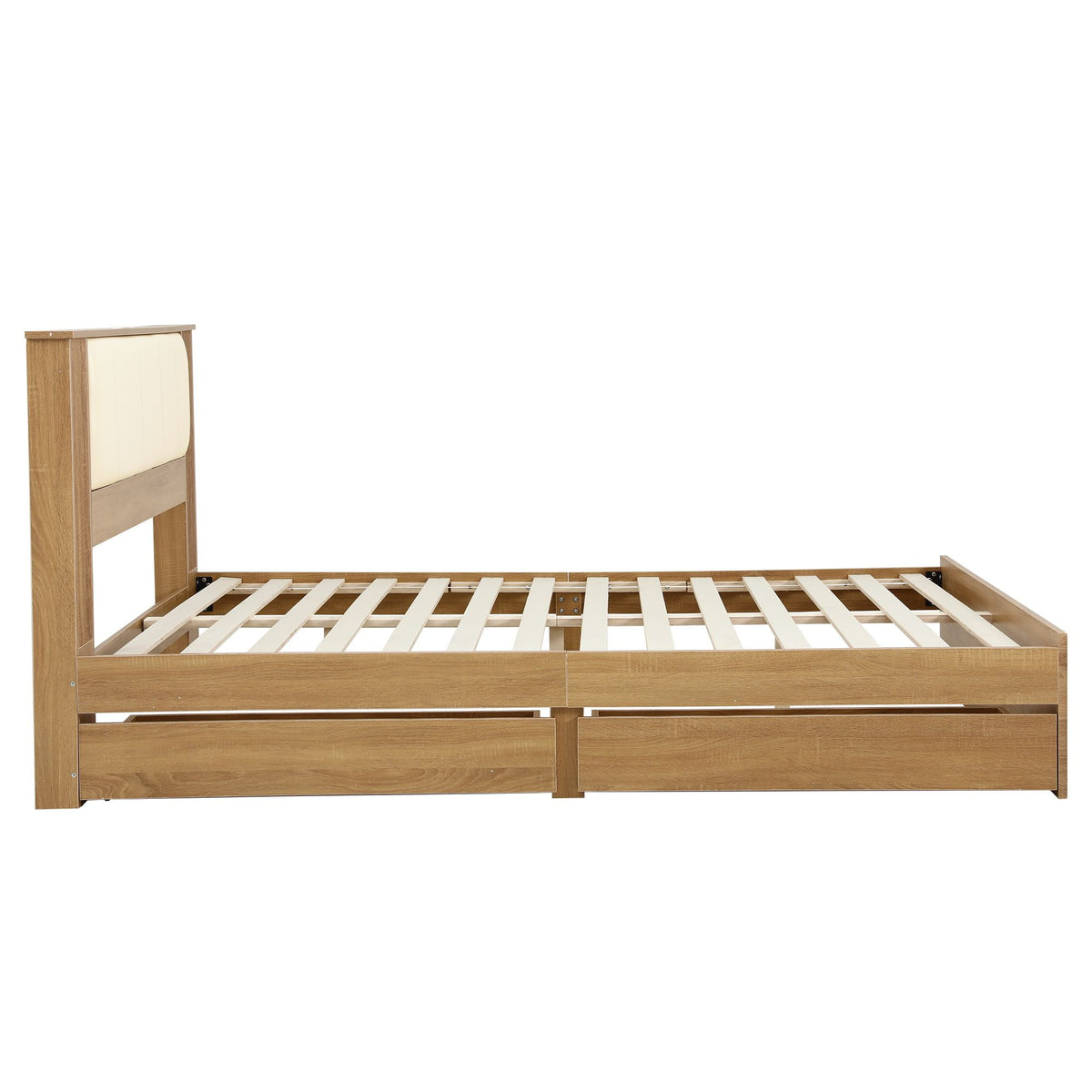 Queen Bed Frame with 2 Drawers, PU Leather Headboard & Charging Station