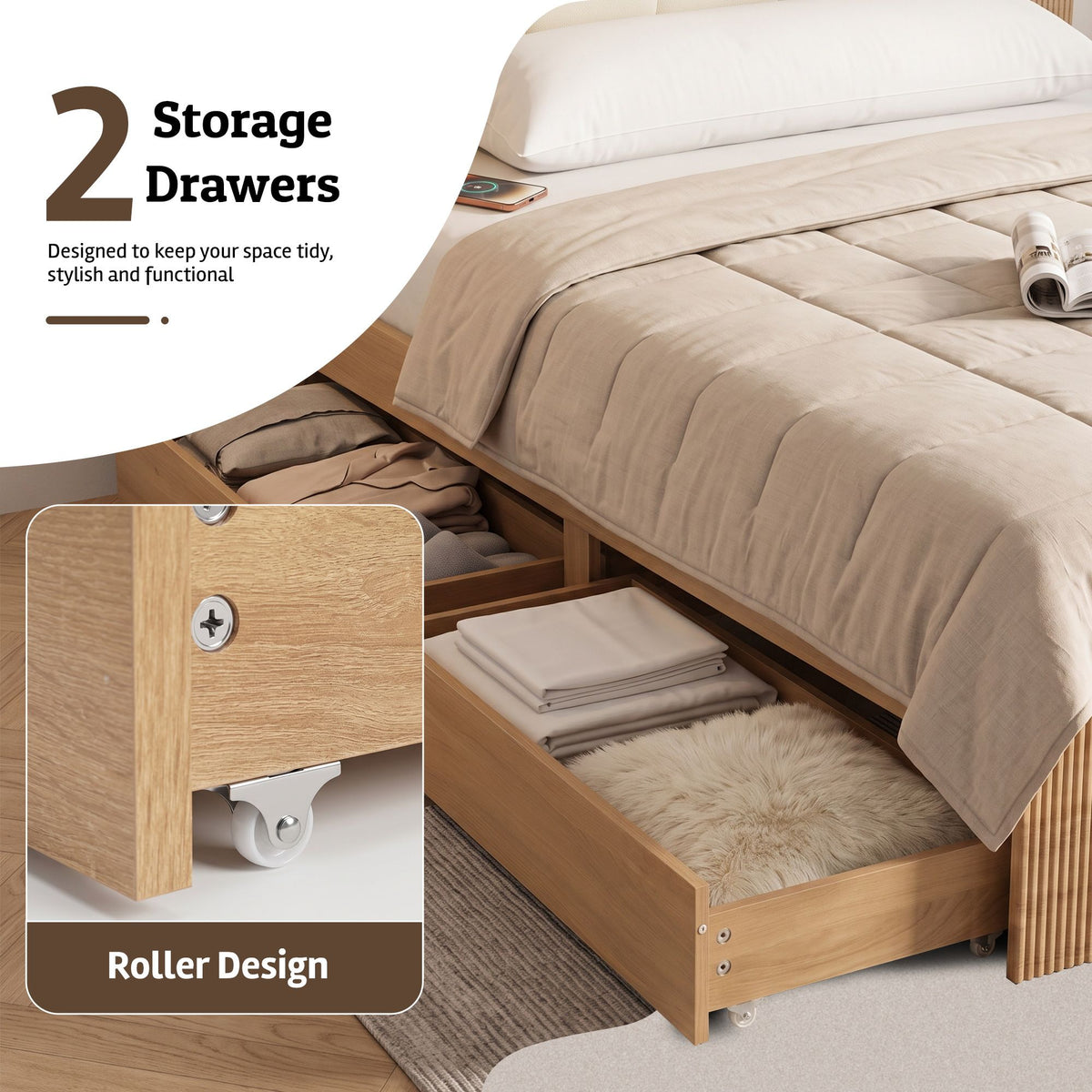 Queen Bed Frame with 2 Drawers, PU Leather Headboard & Charging Station