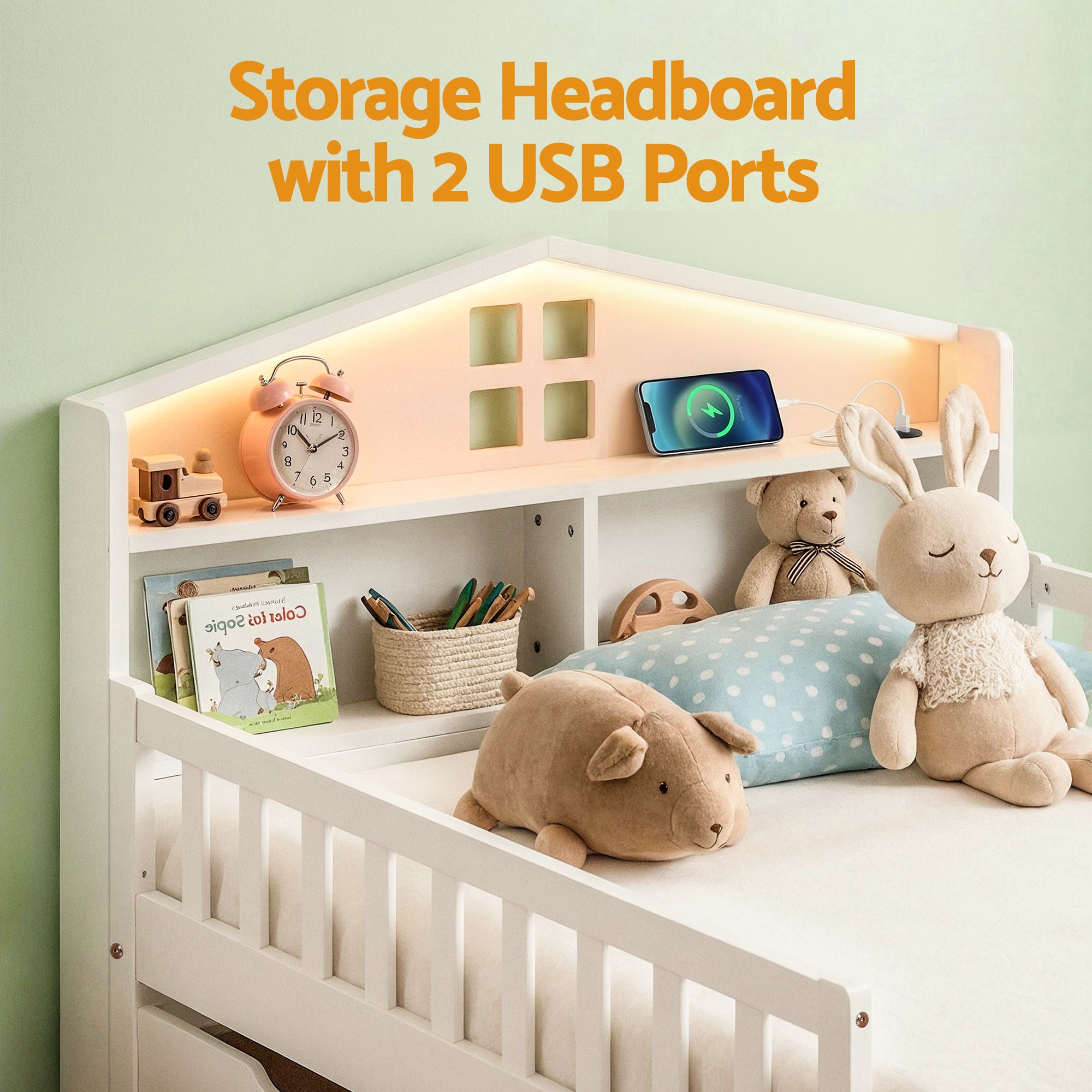 Harlow Single Kids LED Montessori House Bed with Storage Drawers & USB Charging – White