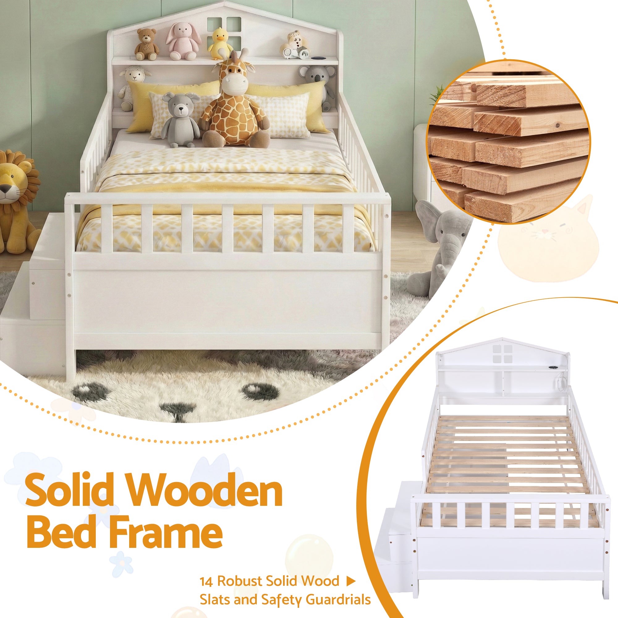 Harlow Single Kids LED Montessori House Bed with Storage Drawers & USB Charging – White