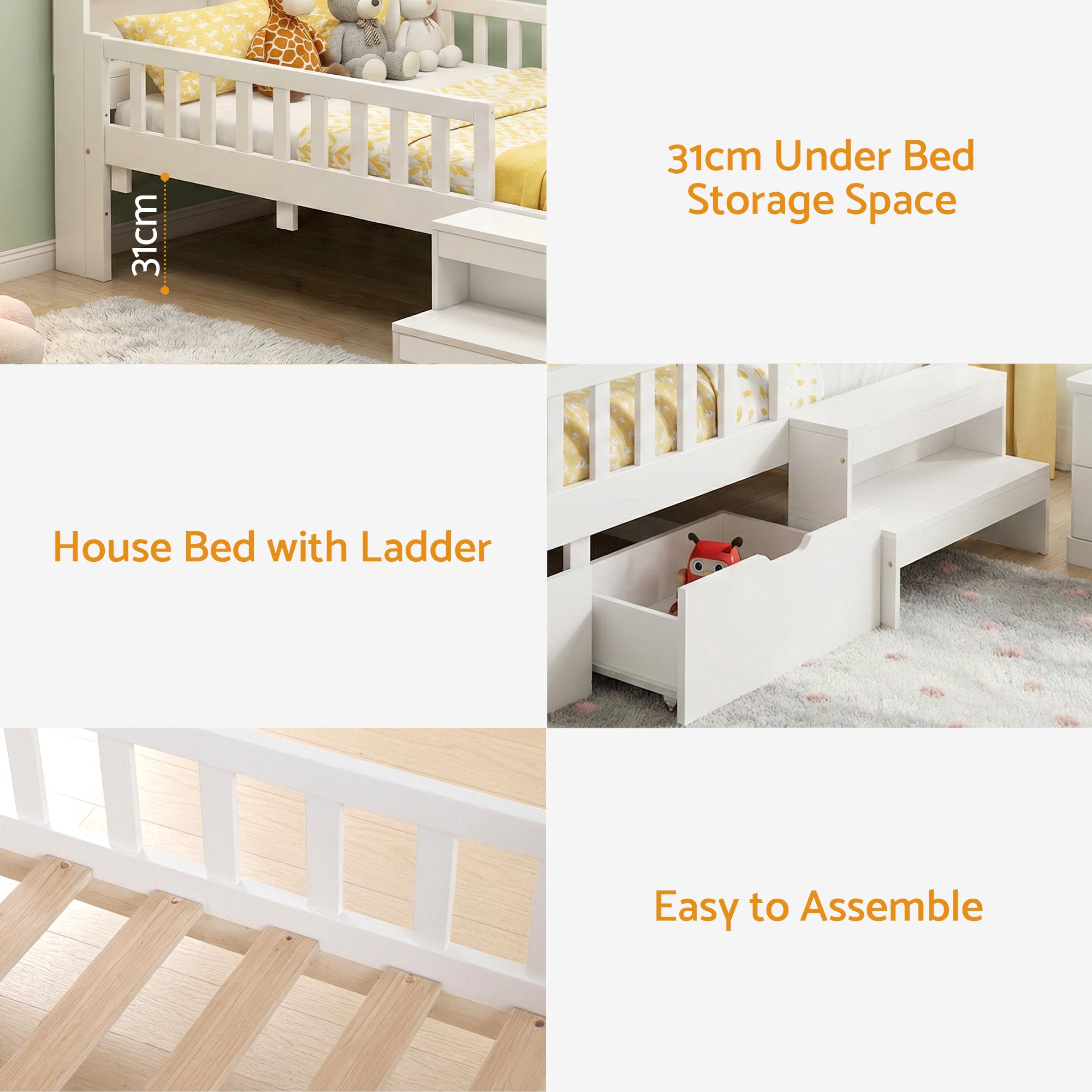 Harlow Single Kids LED Montessori House Bed with Storage Drawers & USB Charging – White