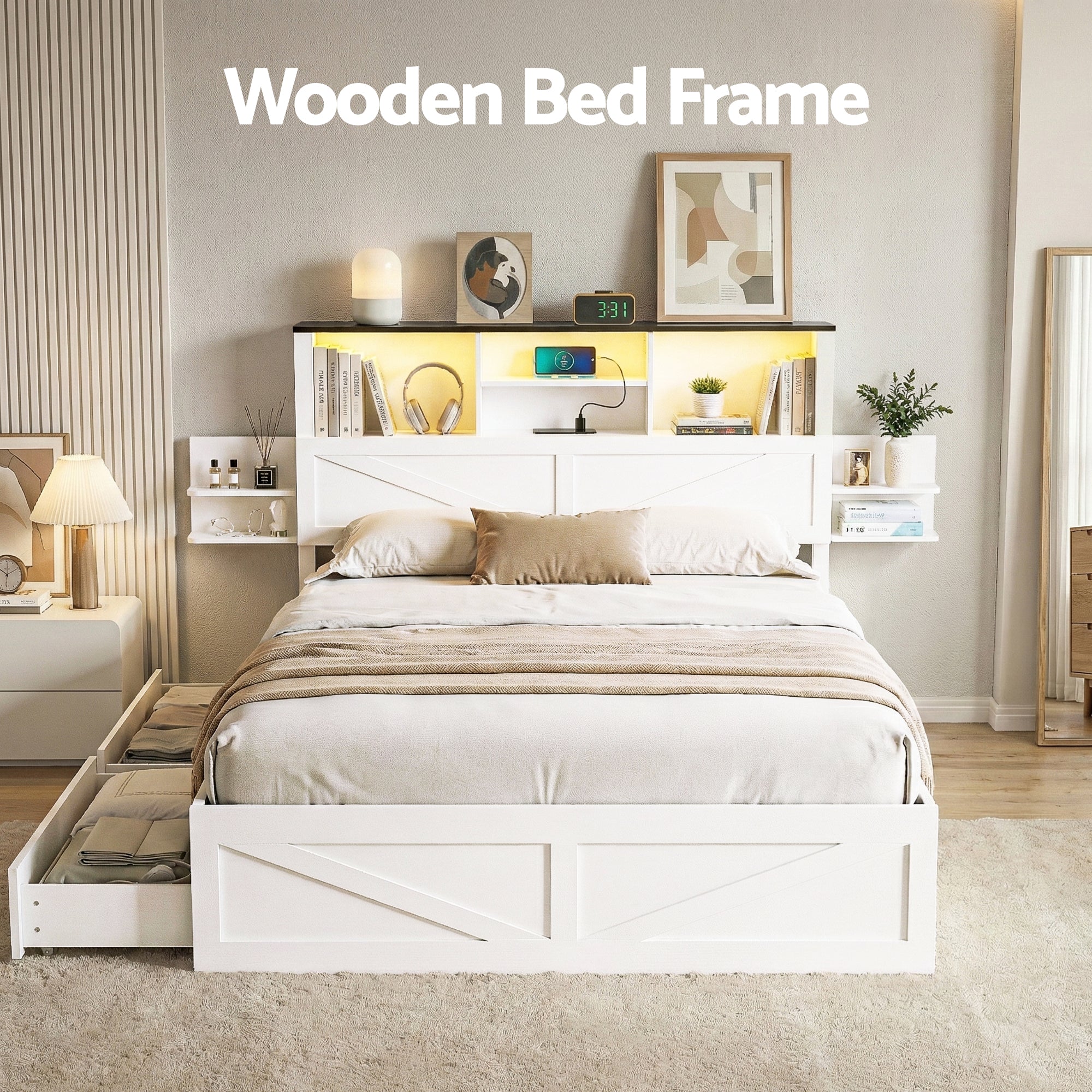 Lennox Double Bed Frame with Storage Headboard, LED Lights and USB Charging - White